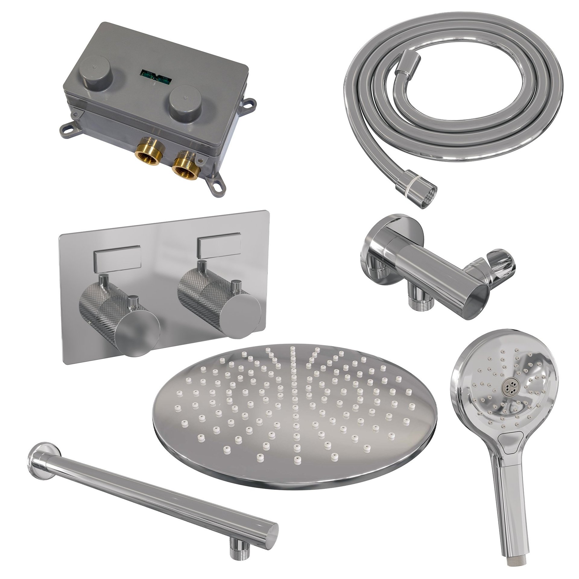 BRAUER Chrome Carving thermostatische inbouw regendouche met drukknoppen SET 56 met 30 cm douchekop en rechte muurarm en 3-standen handdouche en doucheslang en wandaansluitbocht chroom