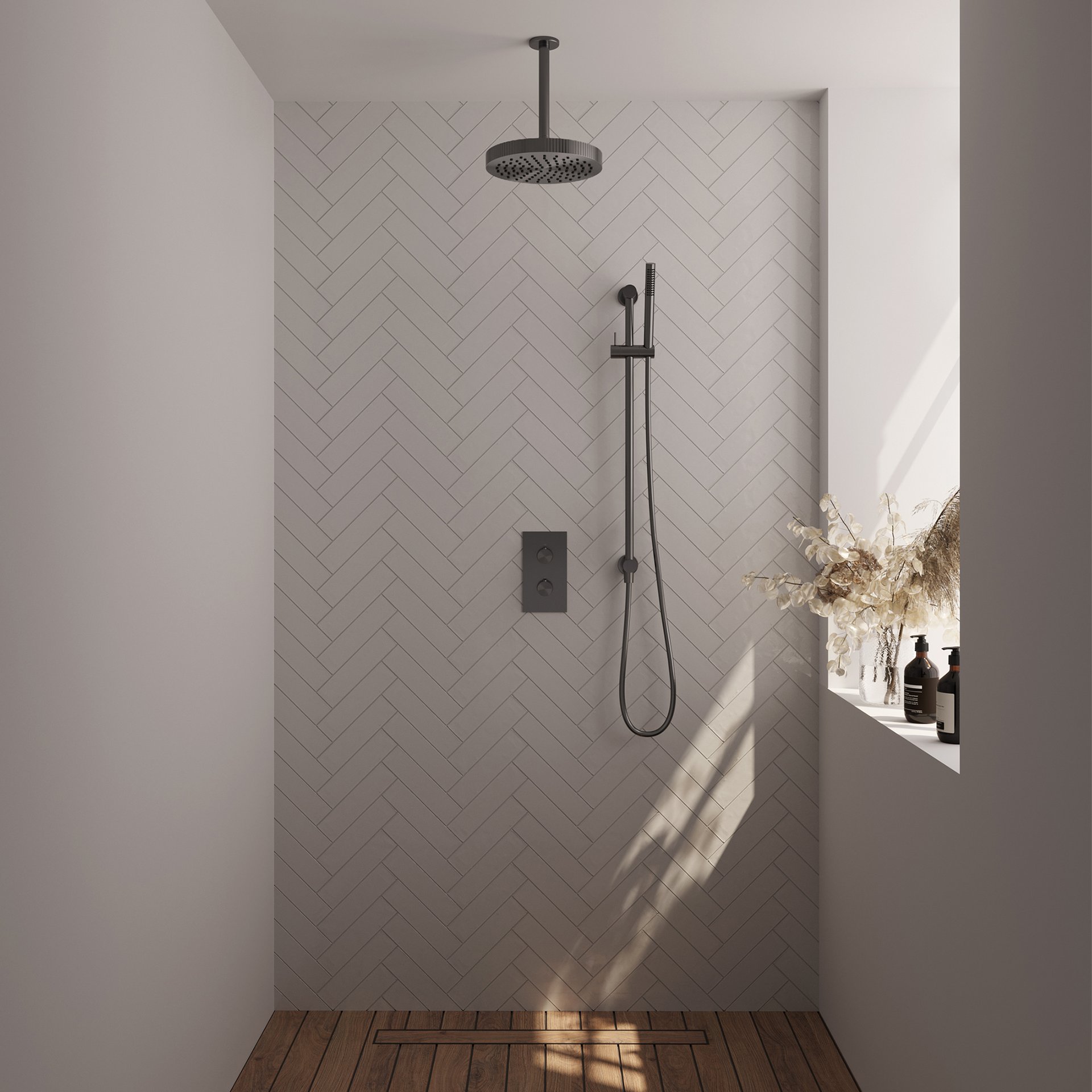 BRAUER Stripe thermostatische inbouw regendouche 3-weg rechthoekig SET 21 met 25 cm douchekop en plafondarm en staaf handdouche en doucheslang en geïntegreerde glijstang gunmetal geborsteld PVD