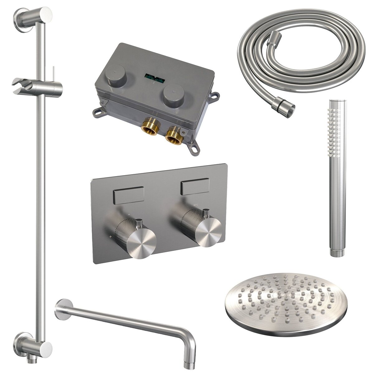 BRAUER Brushed Carving thermostatische inbouw regendouche met drukknoppen SET 63 met 20 cm douchekop en gebogen muurarm en staaf handdouche en doucheslang en geïntegreerde glijstang RVS geborsteld PVD