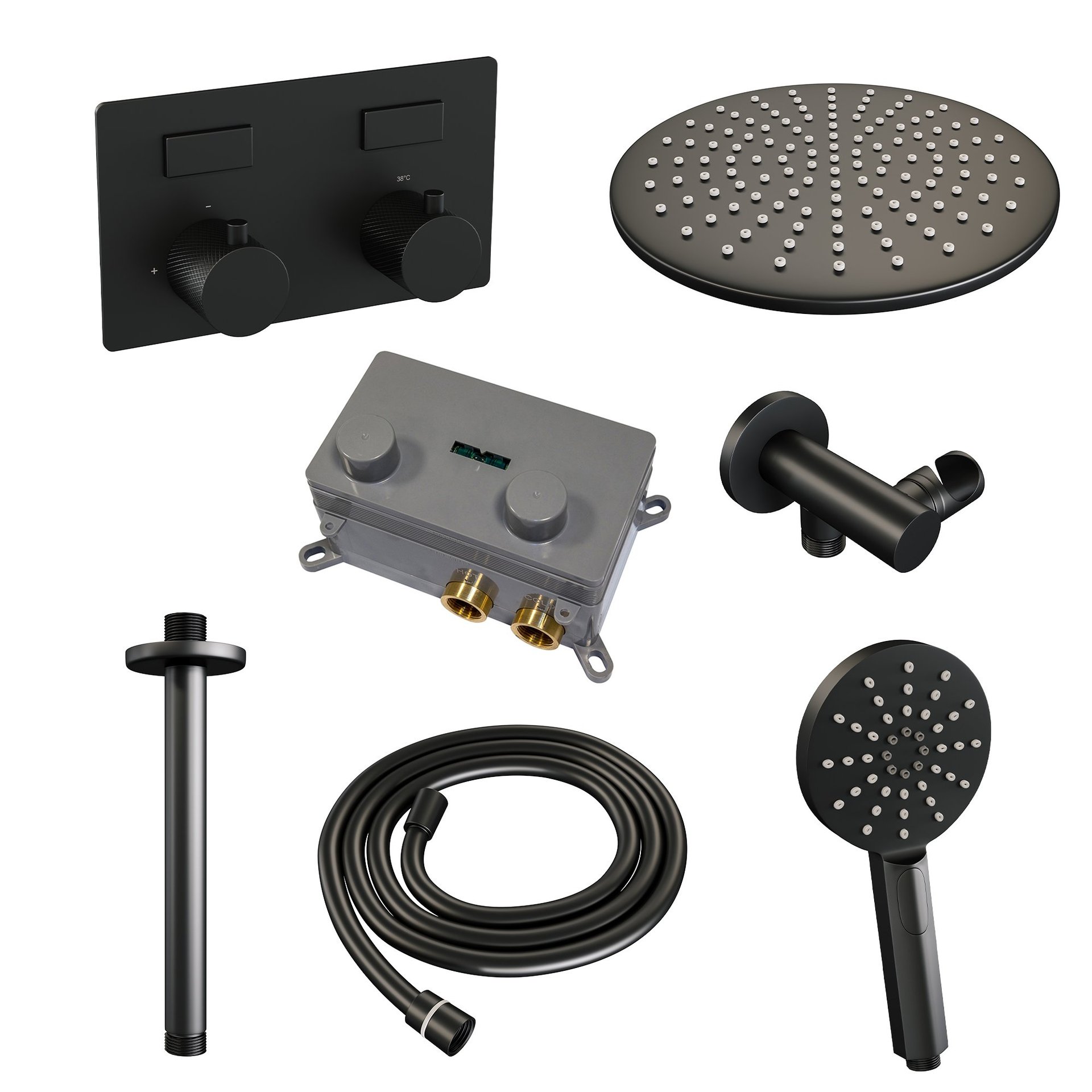 BRAUER Black Carving thermostatische inbouw regendouche met drukknoppen SET 60 met 30 cm douchekop en plafondarm en 3-standen handdouche en doucheslang en wandaansluitbocht mat zwart