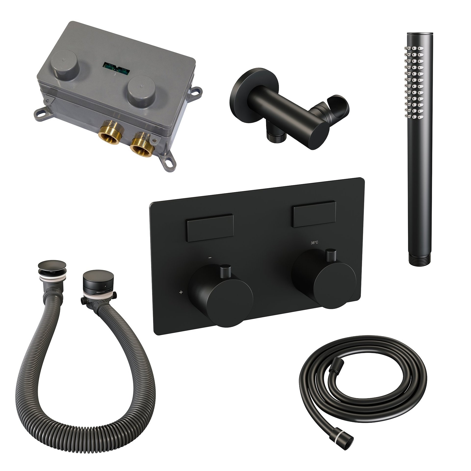 BRAUER Black Edition thermostatische inbouw badkraan met drukknoppen SET 03 met badvulcombinatie en staaf handdouche en doucheslang en wandaansluitbocht mat zwart