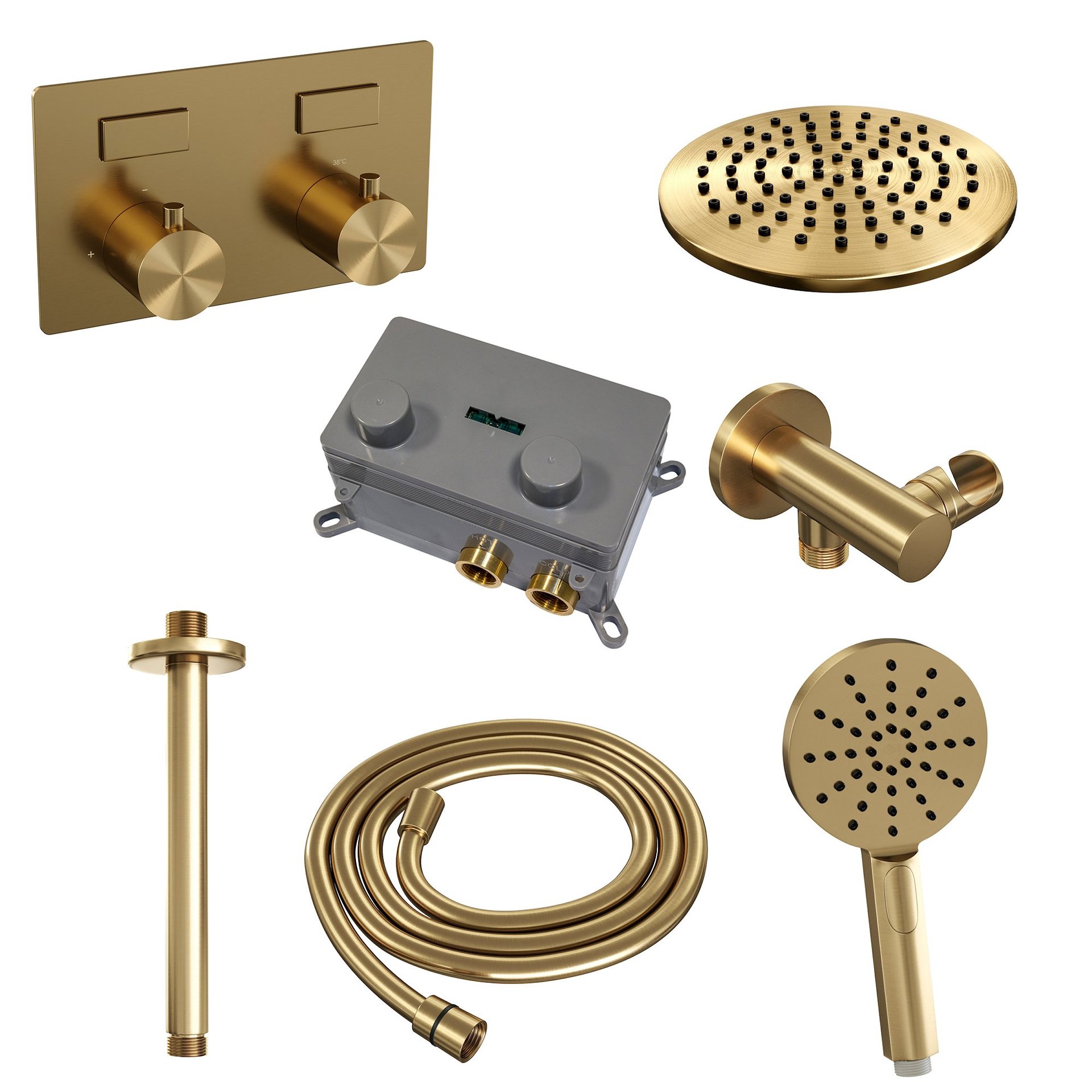 BRAUER Gold Edition thermostatische inbouw regendouche met drukknoppen SET 59 met 20 cm douchekop en plafondarm en 3-standen handdouche en doucheslang en wandaansluitbocht goud geborsteld PVD