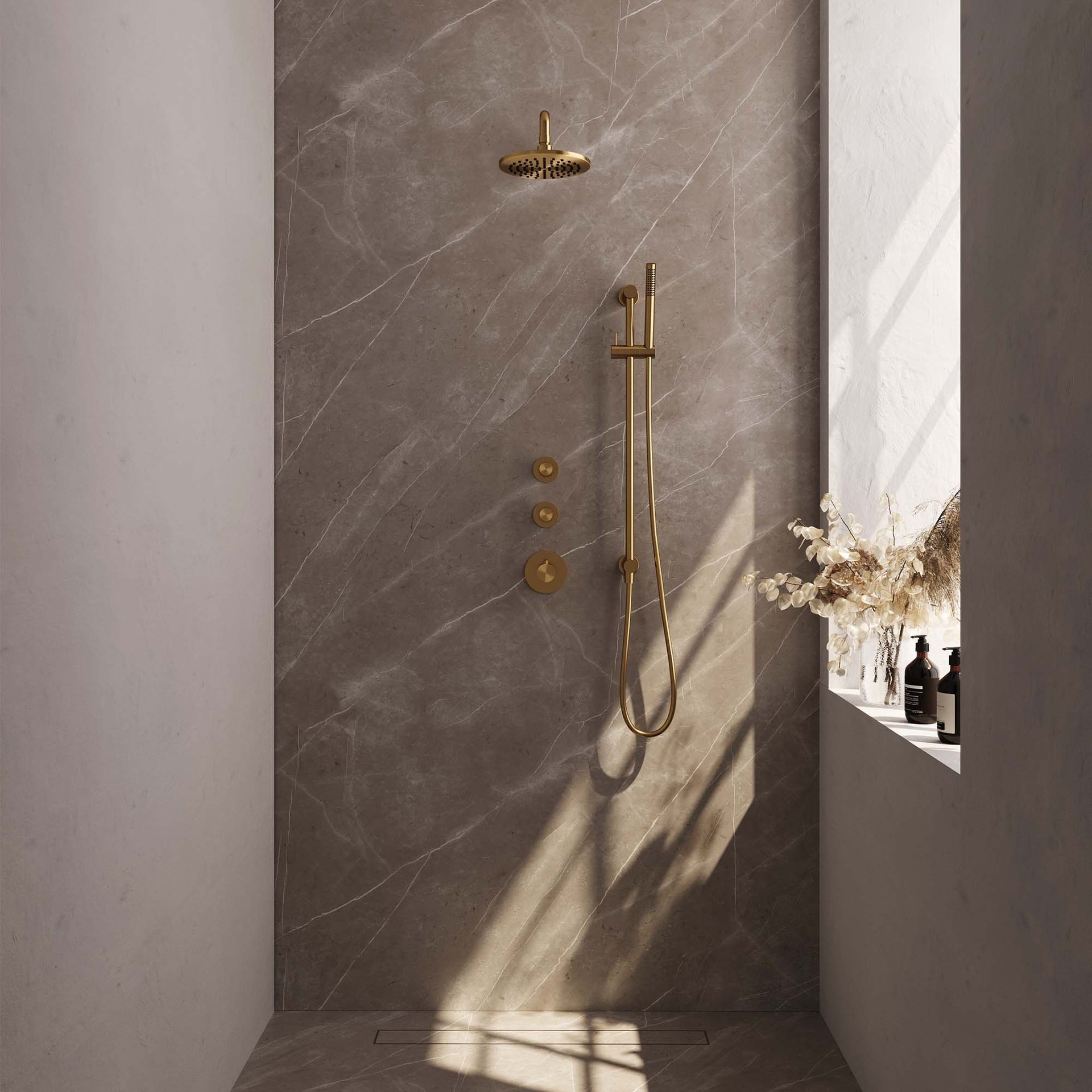 BRAUER Gold Edition thermostatische inbouw regendouche SET 15 met 20 cm douchekop en gebogen muurarm en staaf handdouche en doucheslang en geïntegreerde glijstang goud geborsteld PVD