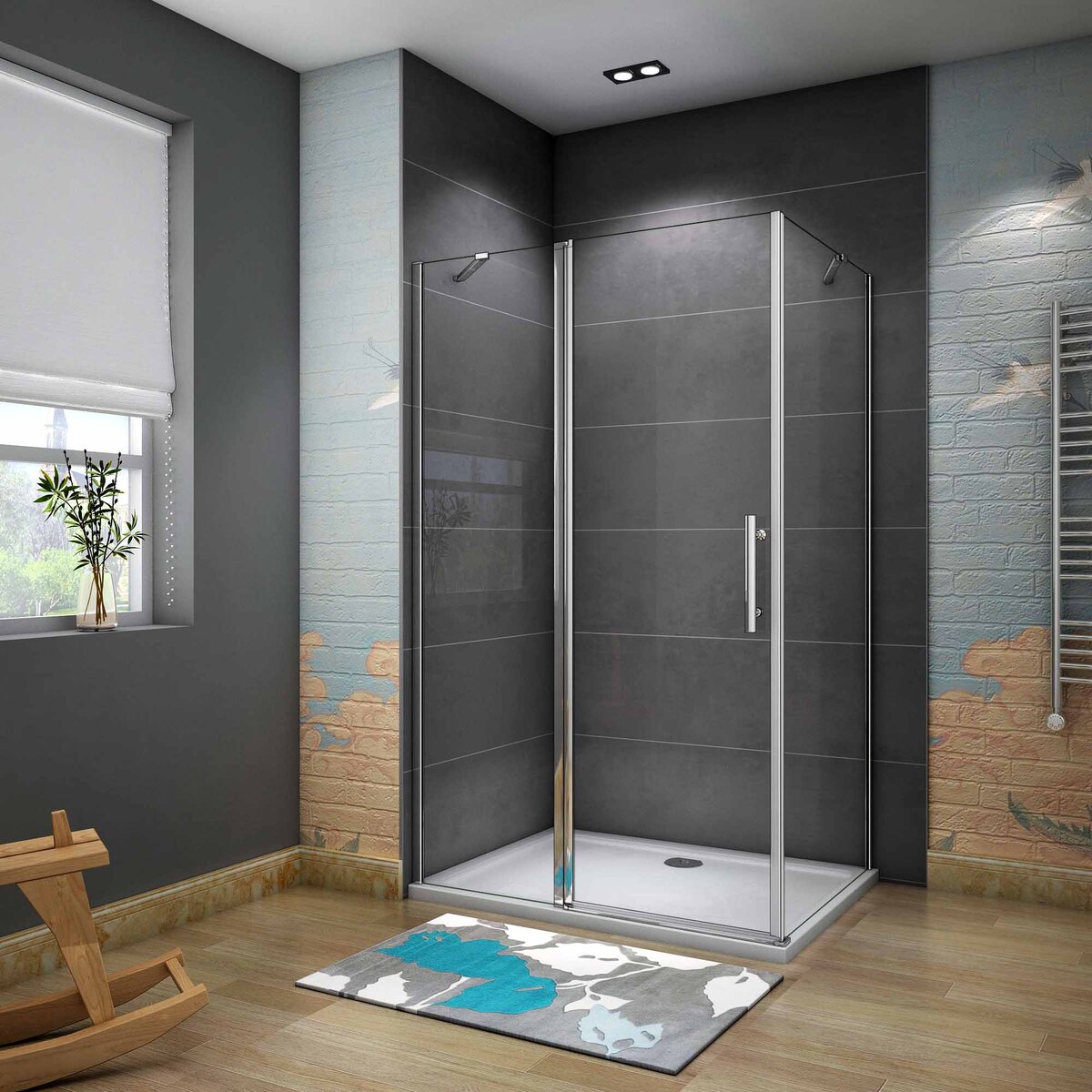 Douchecabine Rechthoek Peony 90 Draaideur met Vaste Wand x 100 Vaste Wand 6mm Helder Glas Chroom