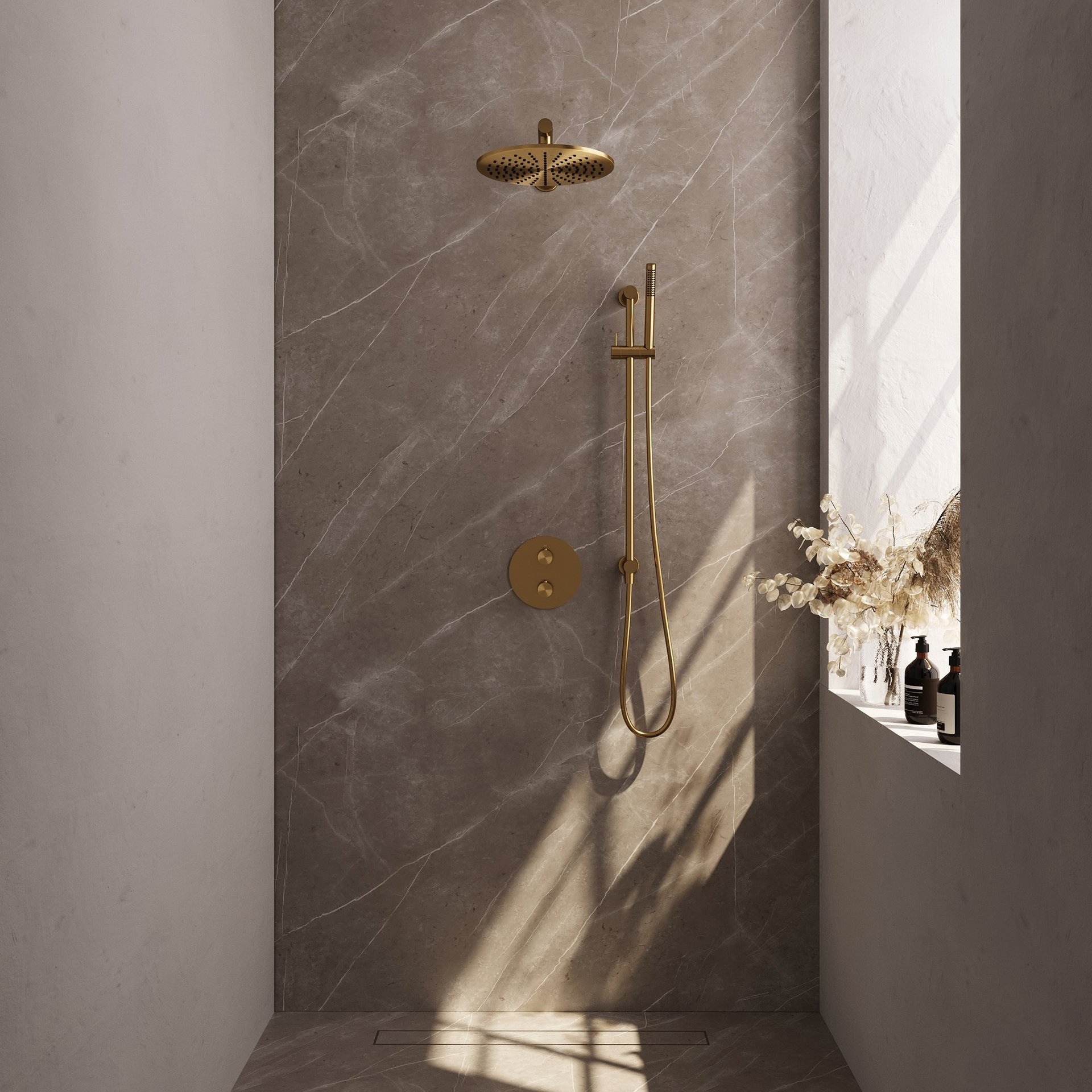 BRAUER Gold Carving thermostatische inbouw regendouche 3-weg rond SET 86 met 30 cm douchekop en rechte muurarm en staaf handdouche en doucheslang en geïntegreerde glijstang goud geborsteld PVD