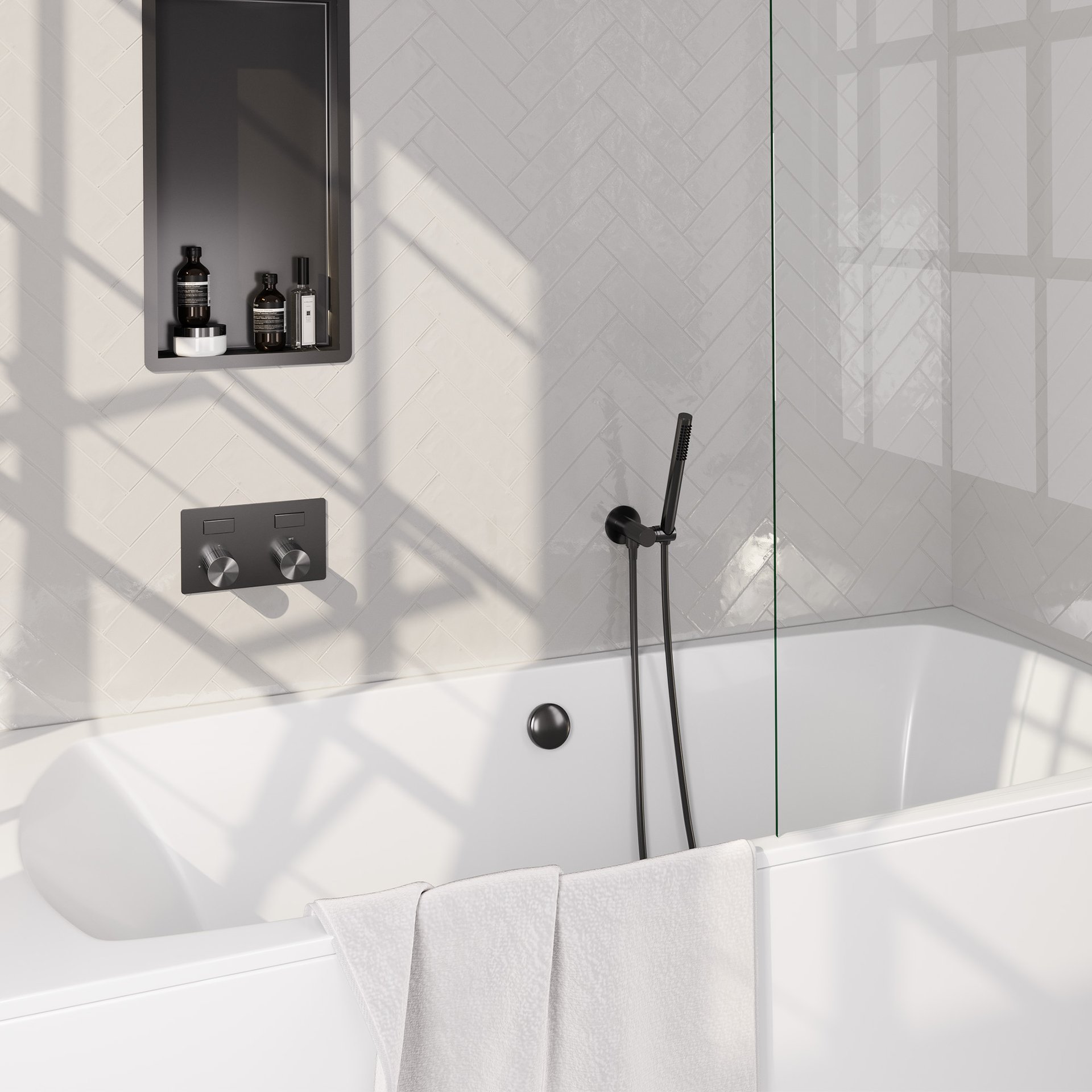 BRAUER Stripe thermostatische inbouw badkraan met drukknoppen SET 03 met badvulcombinatie en staaf handdouche en doucheslang en wandaansluitbocht gunmetal geborsteld PVD
