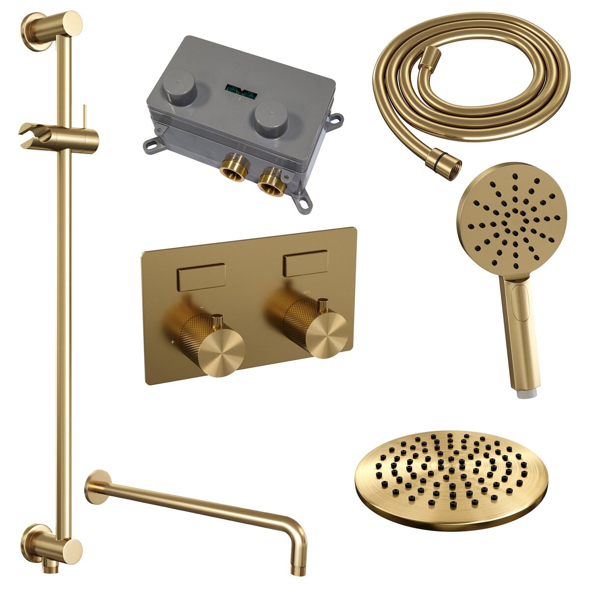 BRAUER Gold Carving thermostatische inbouw regendouche met drukknoppen SET 69 met 20 cm douchekop en gebogen muurarm en 3-standen handdouche en doucheslang en geïntegreerde glijstang goud geborsteld PVD