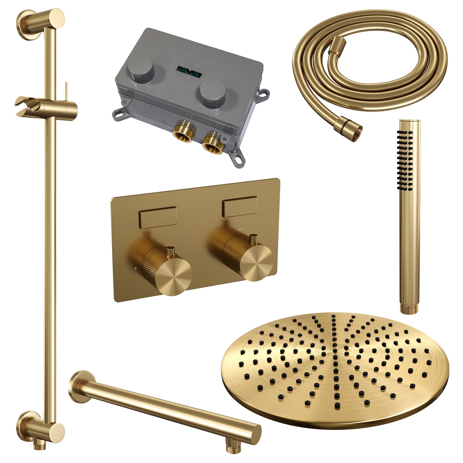 BRAUER Gold Carving thermostatische inbouw regendouche met drukknoppen SET 62 met 30 cm douchekop en rechte muurarm en staaf handdouche en doucheslang en geïntegreerde glijstang goud geborsteld PVD