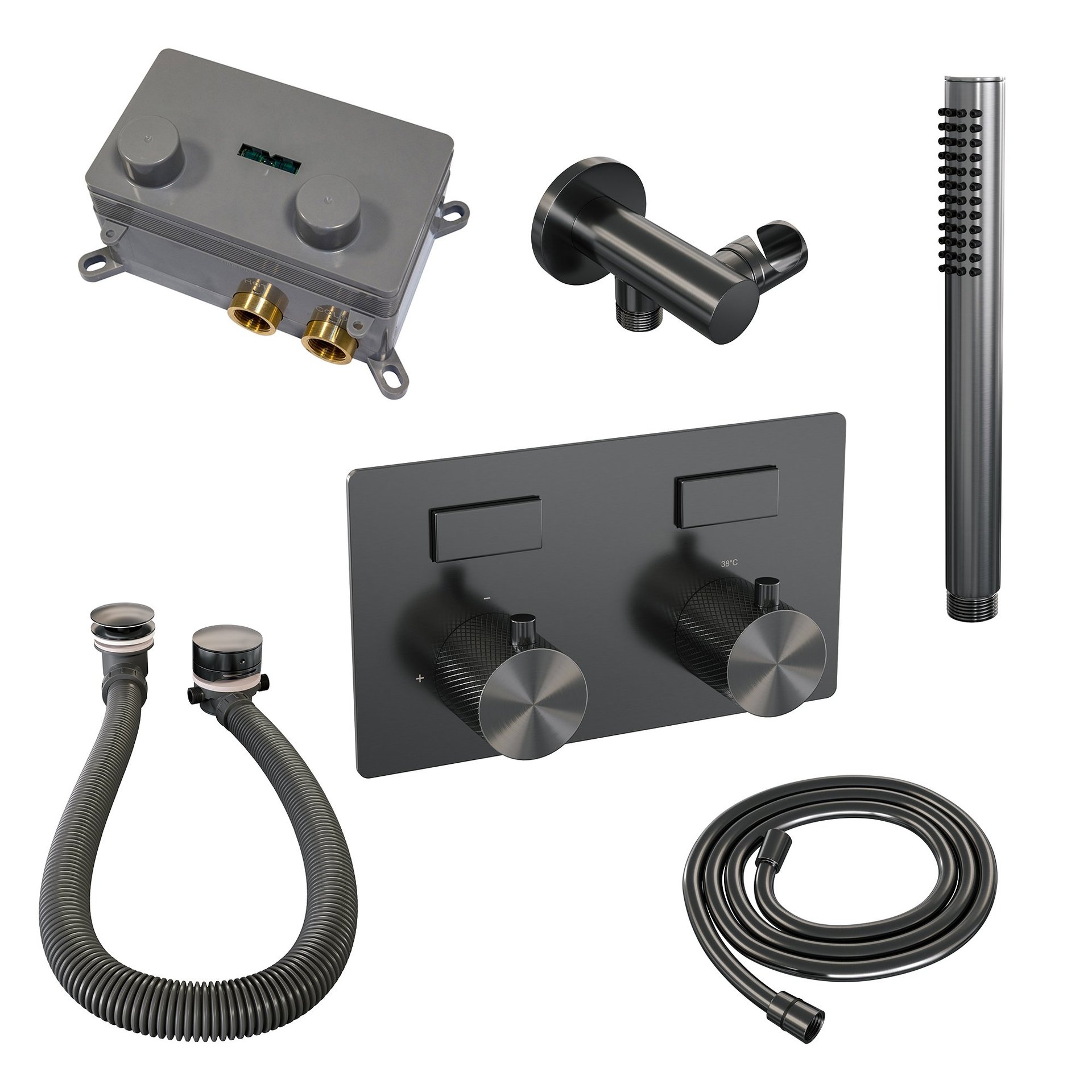 BRAUER Gunmetal Carving thermostatische inbouw badkraan met drukknoppen SET 03 met badvulcombinatie en staaf handdouche en doucheslang en wandaansluitbocht gunmetal geborsteld PVD