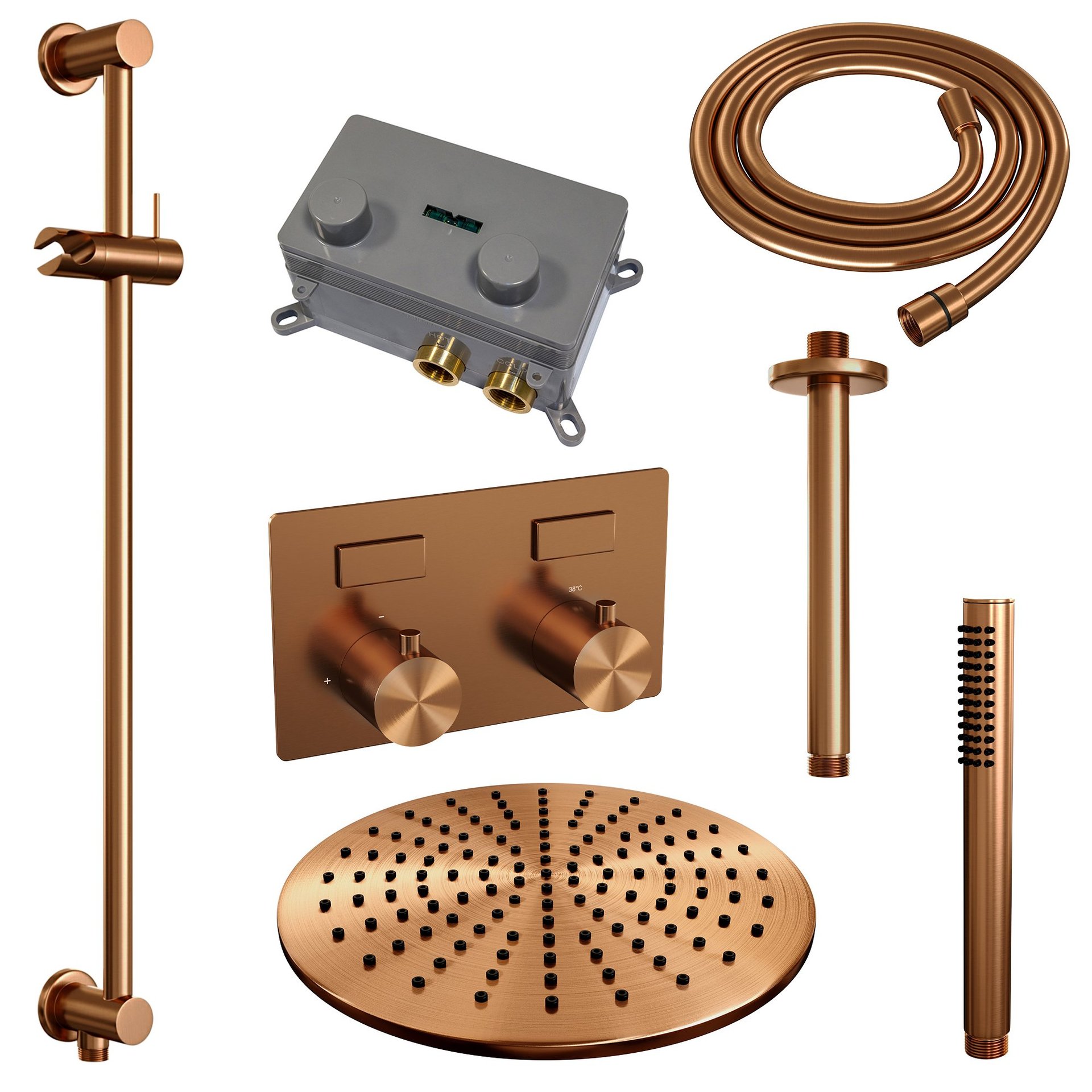 BRAUER Copper Edition thermostatische inbouw regendouche met drukknoppen SET 66 met 30 cm douchekop en plafondarm en staaf handdouche en doucheslang en geïntegreerde glijstang koper geborsteld PVD