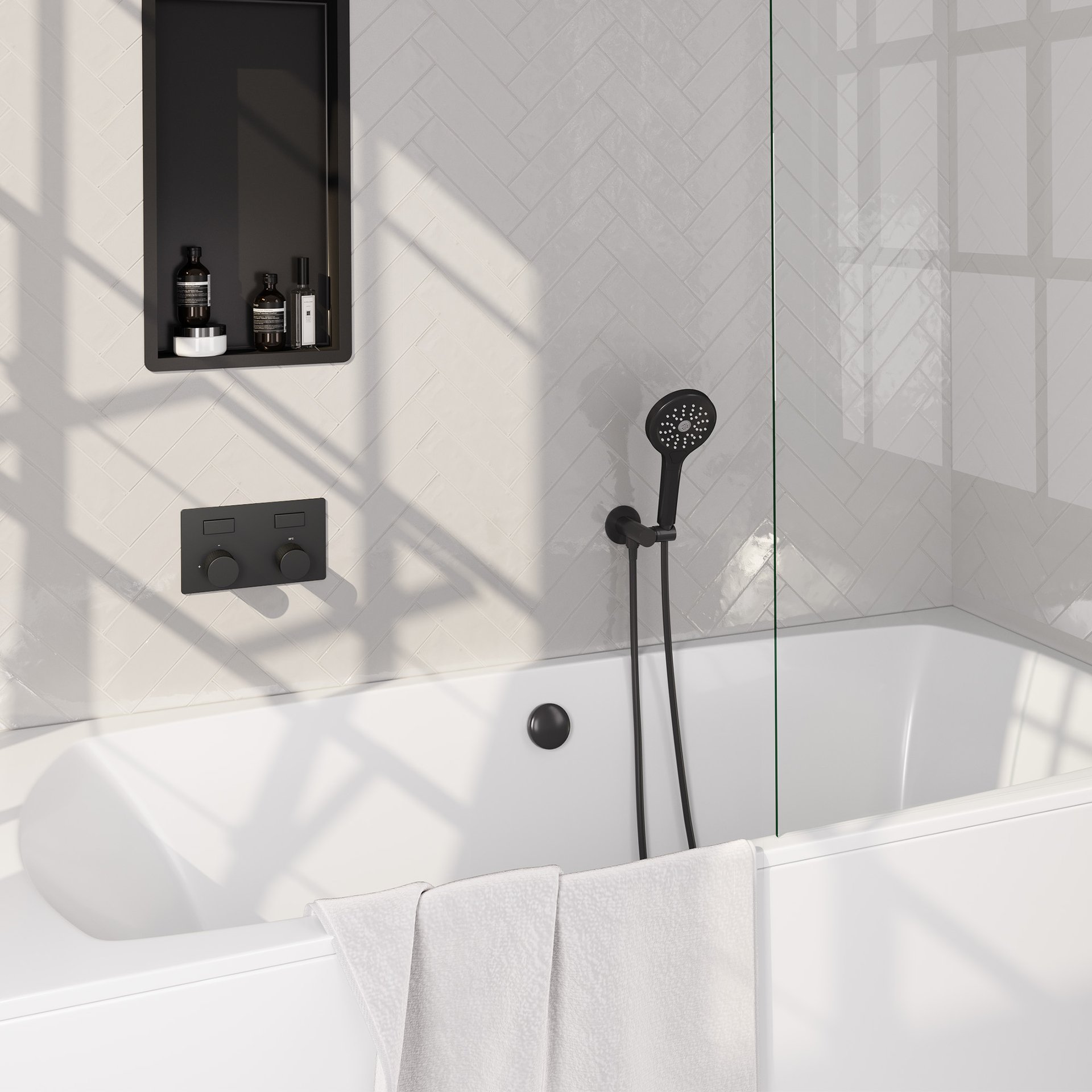 BRAUER Stripe thermostatische inbouw badkraan met drukknoppen SET 04 met badvulcombinatie en 3-standen handdouche en doucheslang en wandaansluitbocht mat zwart