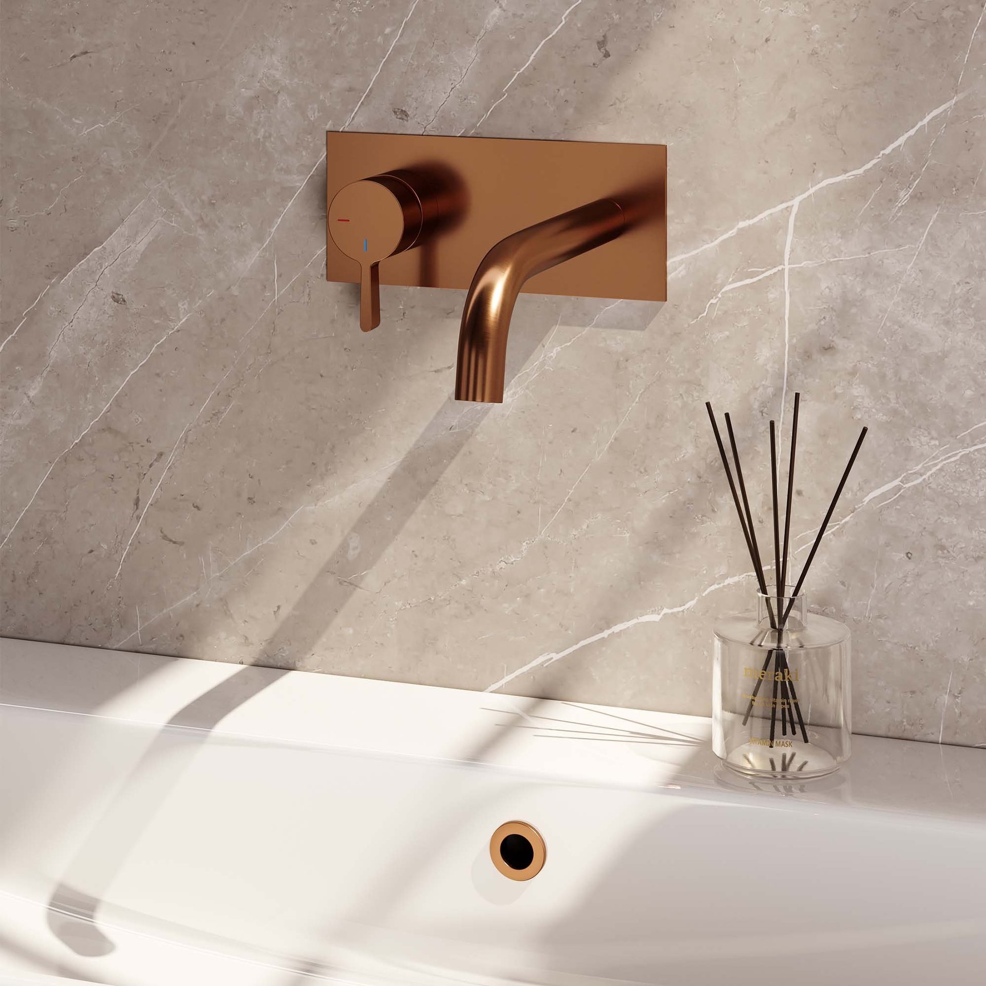 BRAUER Copper Edition inbouw wastafelmengkraan met gebogen uitloop en afdekplaat model E2 koper geborsteld PVD