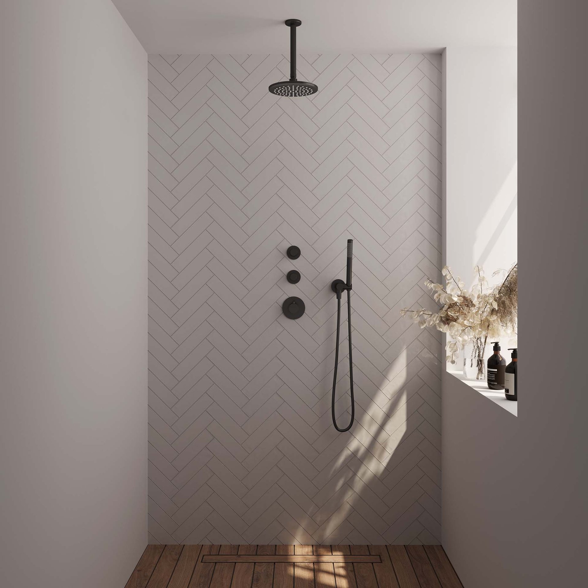 BRAUER Black Edition thermostatische inbouw regendouche SET 05 met 20 cm douchekop en plafondarm en staaf handdouche en doucheslang en wandaansluitbocht mat zwart