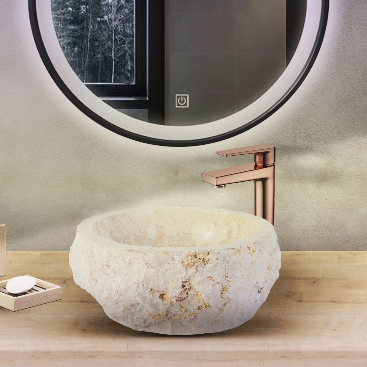 Aloni Geërodeerde Natuurmarmeren Waskom - Crème 30-35x15 cm