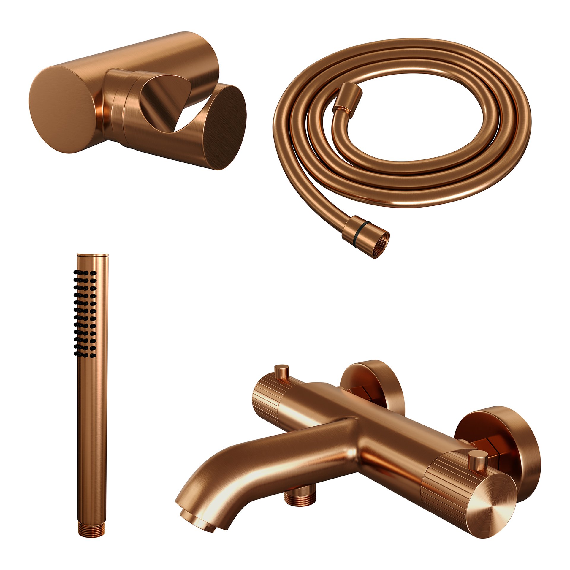 BRAUER Stripe opbouw baddouche thermostaatkraan SET 03 met wandhouder en staaf handdouche en doucheslang koper geborsteld PVD