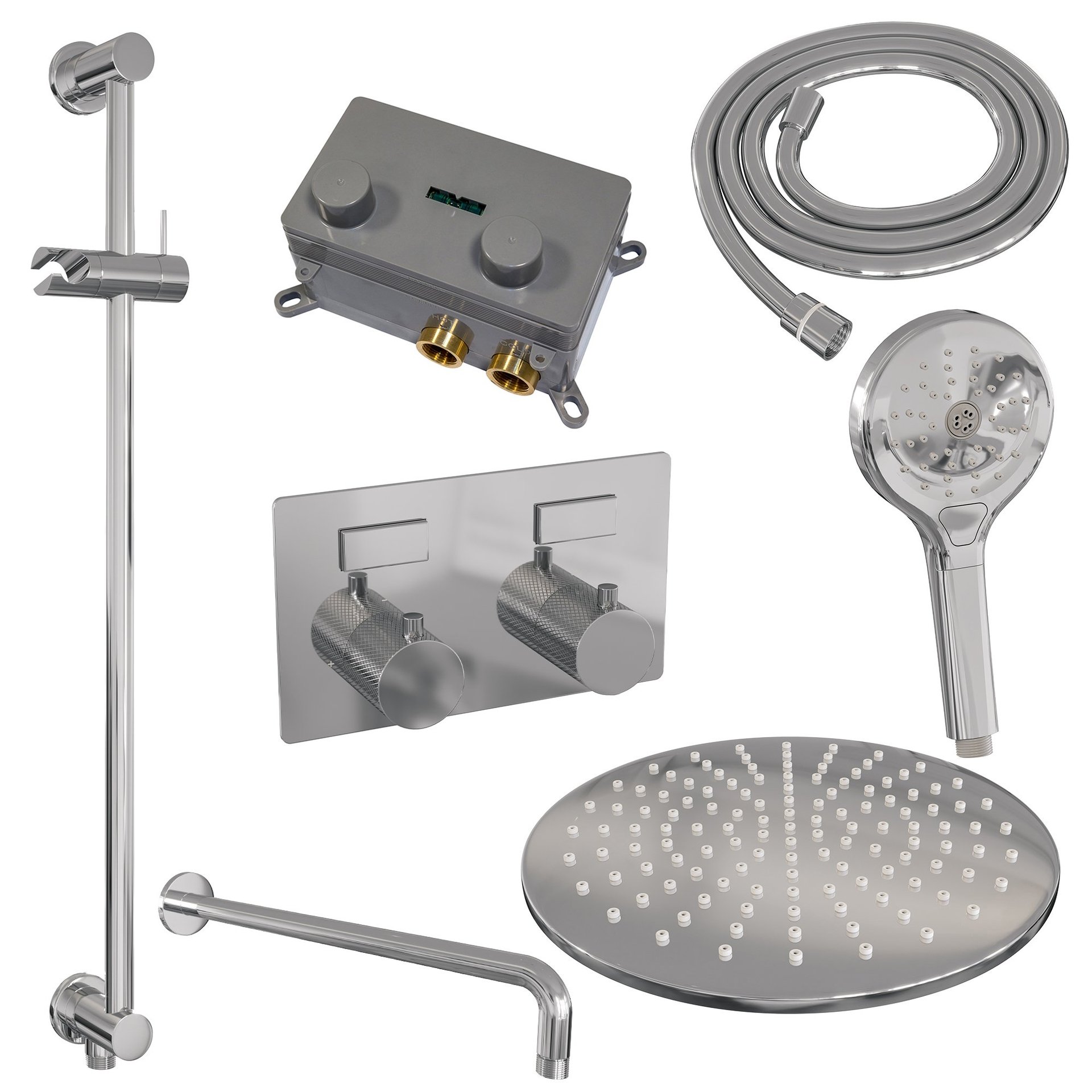 BRAUER Chrome Carving thermostatische inbouw regendouche met drukknoppen SET 70 met 30 cm douchekop en gebogen muurarm en 3-standen handdouche en doucheslang en geïntegreerde glijstang chroom