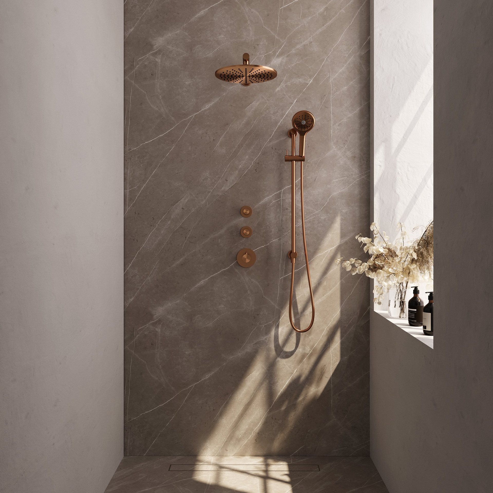 BRAUER Copper Edition thermostatische inbouw regendouche SET 20 met 30 cm douchekop en rechte muurarm en 3-standen handdouche en doucheslang en geïntegreerde glijstang koper geborsteld PVD