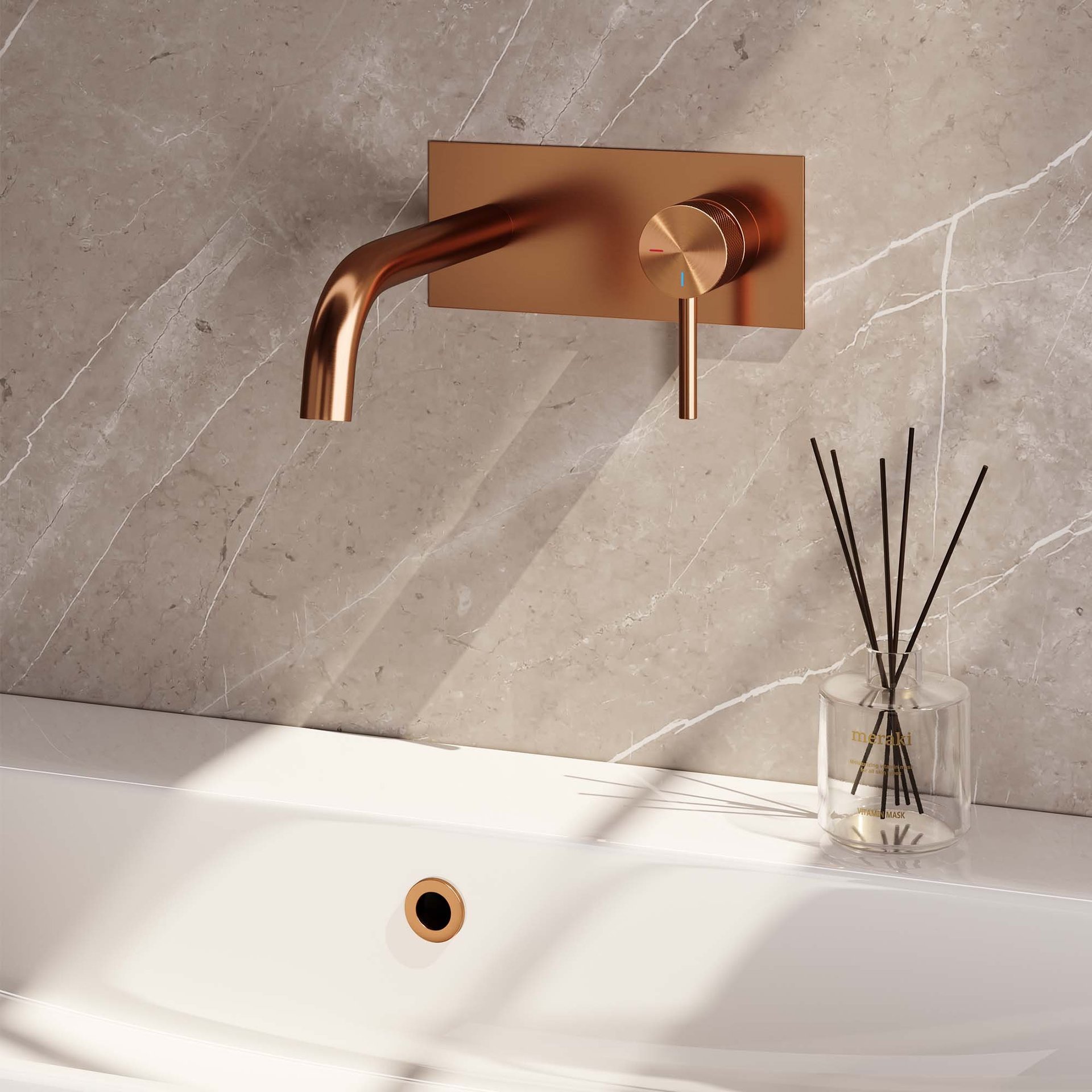 BRAUER Copper Carving inbouw wastafelmengkraan met gebogen uitloop en afdekplaat model A1 koper geborsteld PVD