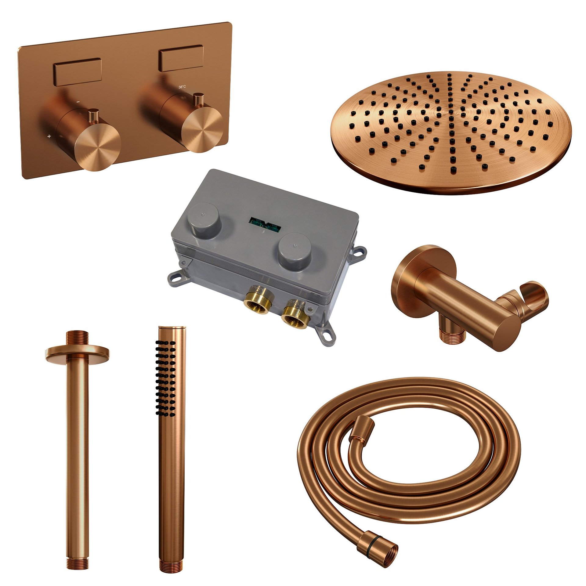 BRAUER Copper Edition thermostatische inbouw regendouche met drukknoppen SET 54 met 30 cm douchekop en plafondarm en staaf handdouche en doucheslang en wandaansluitbocht koper geborsteld PVD