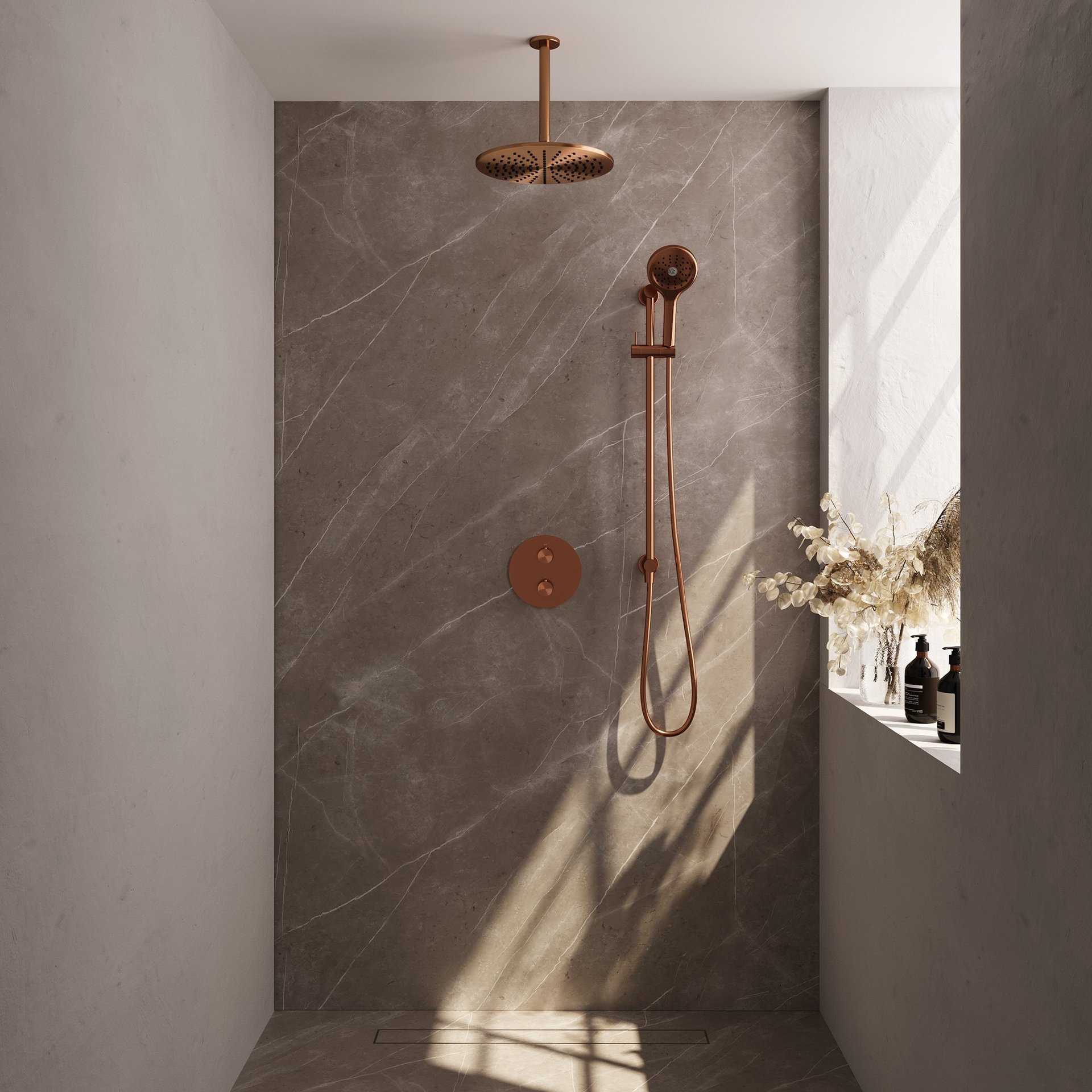 BRAUER Copper Edition thermostatische inbouw regendouche 3-weg rond SET 96 met 30 cm douchekop en plafondarm en 3-standen handdouche en doucheslang en geïntegreerde glijstang koper geborsteld PVD