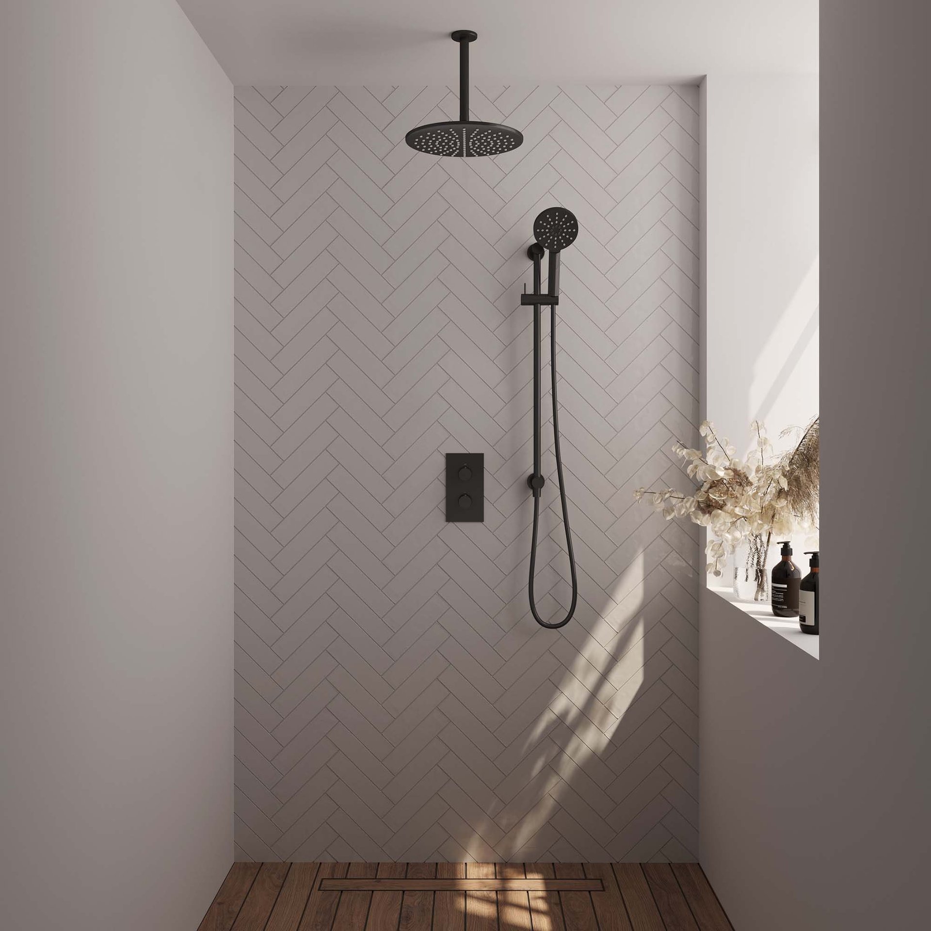 BRAUER Black Carving thermostatische inbouw regendouche 3-weg rechthoekig SET 48 met 30 cm douchekop en plafondarm en 3-standen handdouche en doucheslang en geïntegreerde glijstang mat zwart