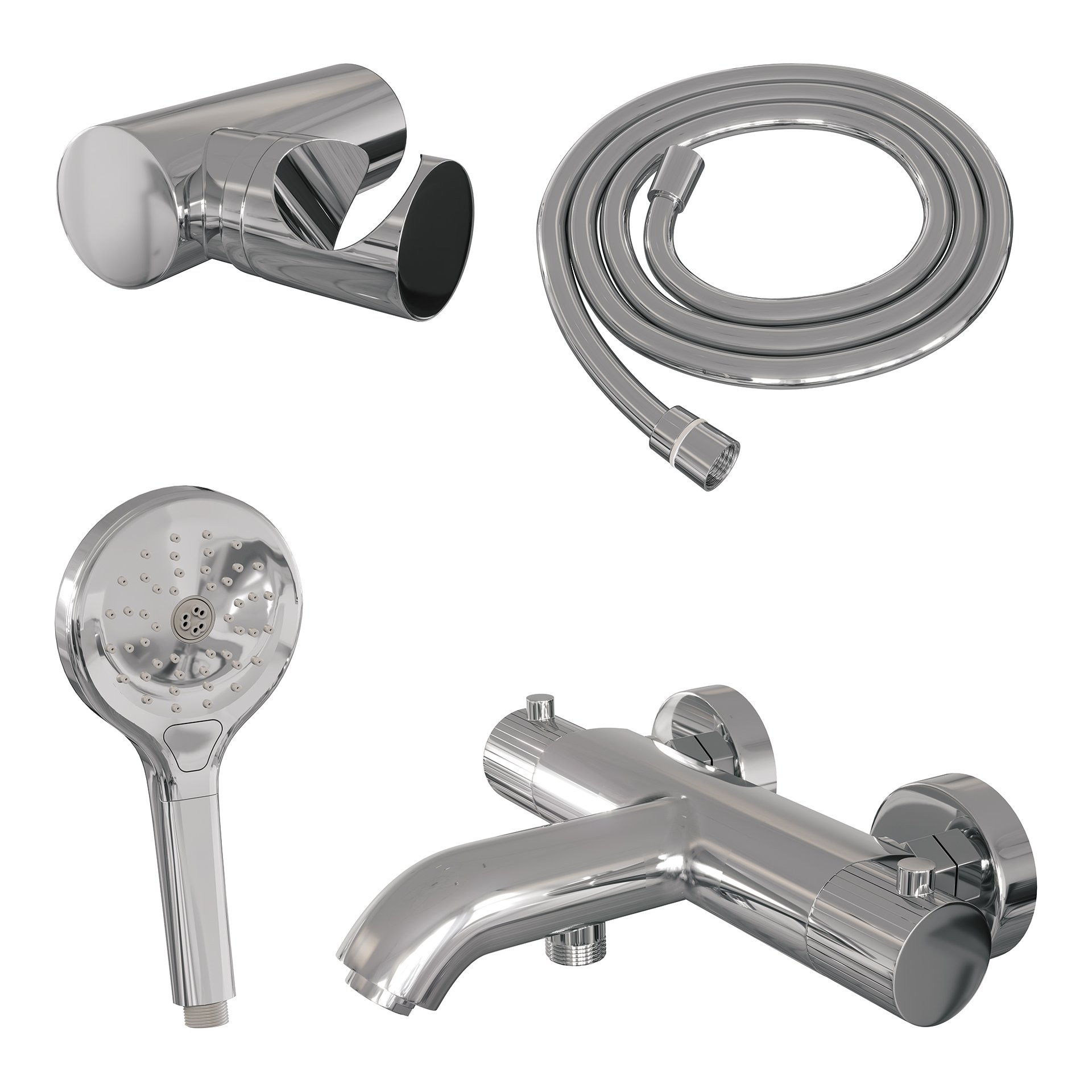 BRAUER Stripe opbouw baddouche thermostaatkraan SET 04 met wandhouder en 3-standen handdouche en doucheslang chroom