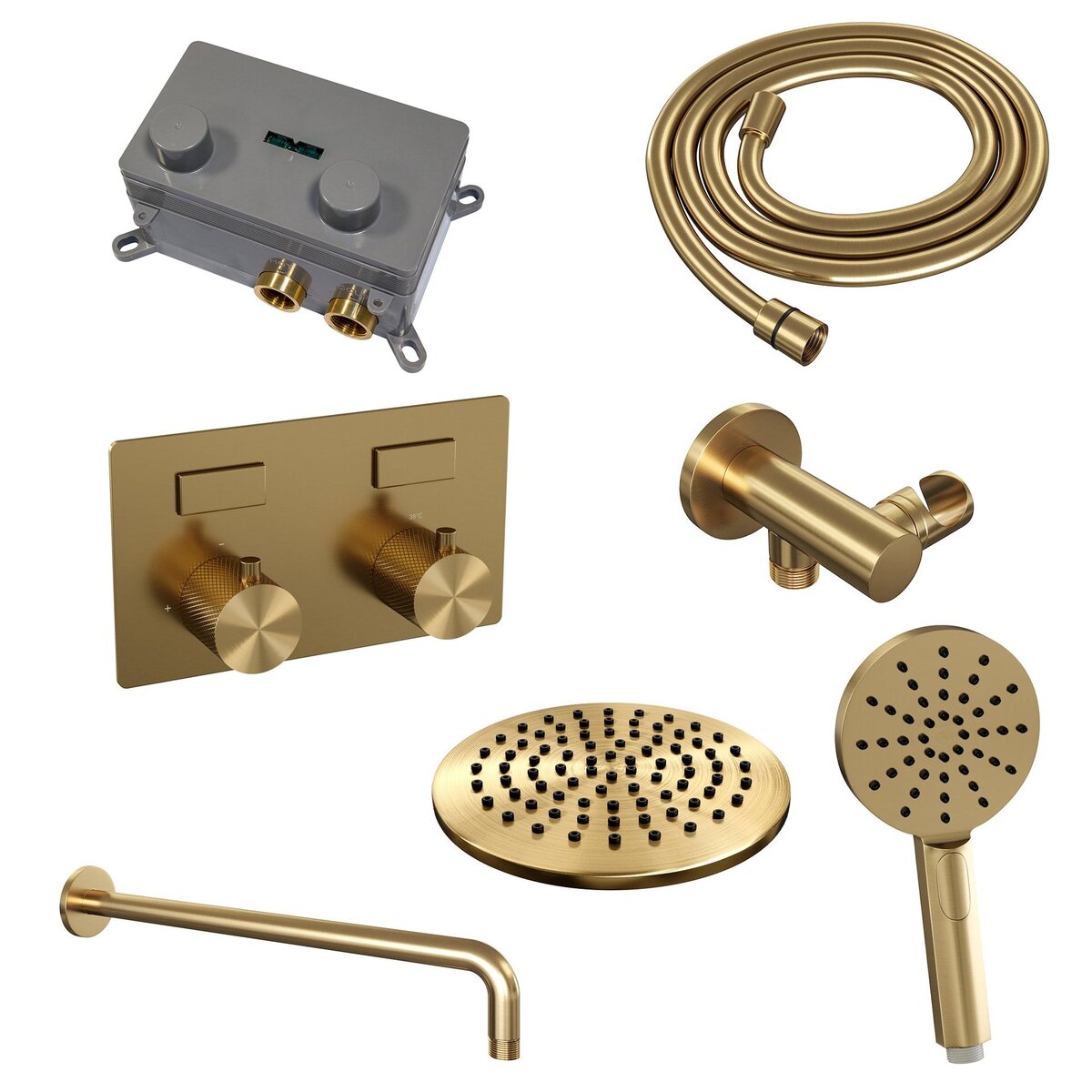 BRAUER Gold Carving thermostatische inbouw regendouche met drukknoppen SET 57 met 20 cm douchekop en gebogen muurarm en 3-standen handdouche en doucheslang en wandaansluitbocht goud geborsteld PVD
