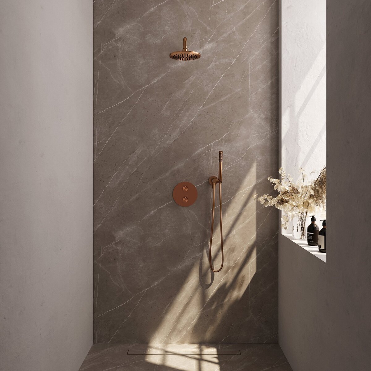 BRAUER Copper Edition thermostatische inbouw regendouche 3-weg rond SET 75 met 20 cm douchekop en gebogen muurarm en staaf handdouche en doucheslang en wandaansluitbocht koper geborsteld PVD
