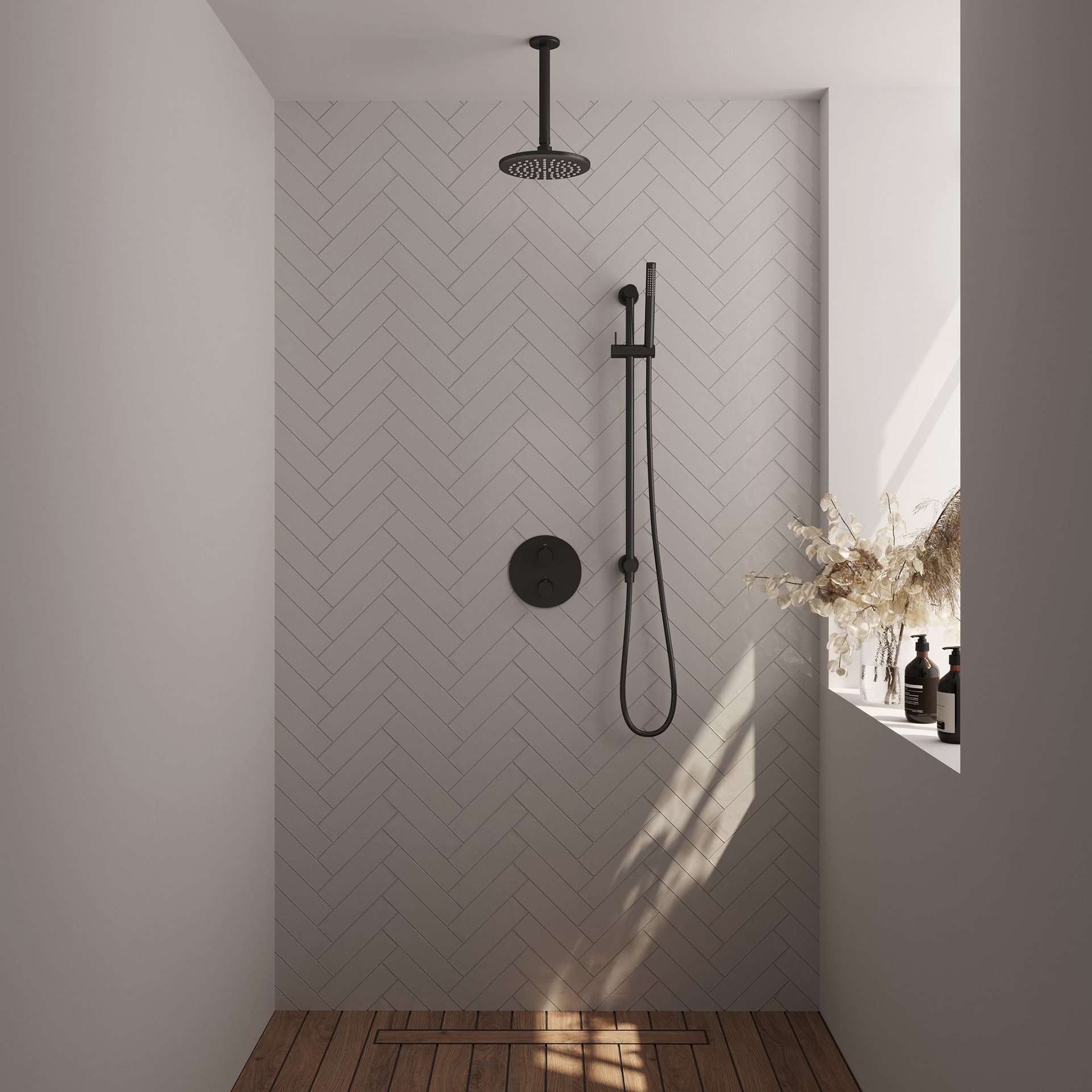 BRAUER Black Carving thermostatische inbouw regendouche 3-weg rond SET 89 met 20 cm douchekop en plafondarm en staaf handdouche en doucheslang en geïntegreerde glijstang mat zwart