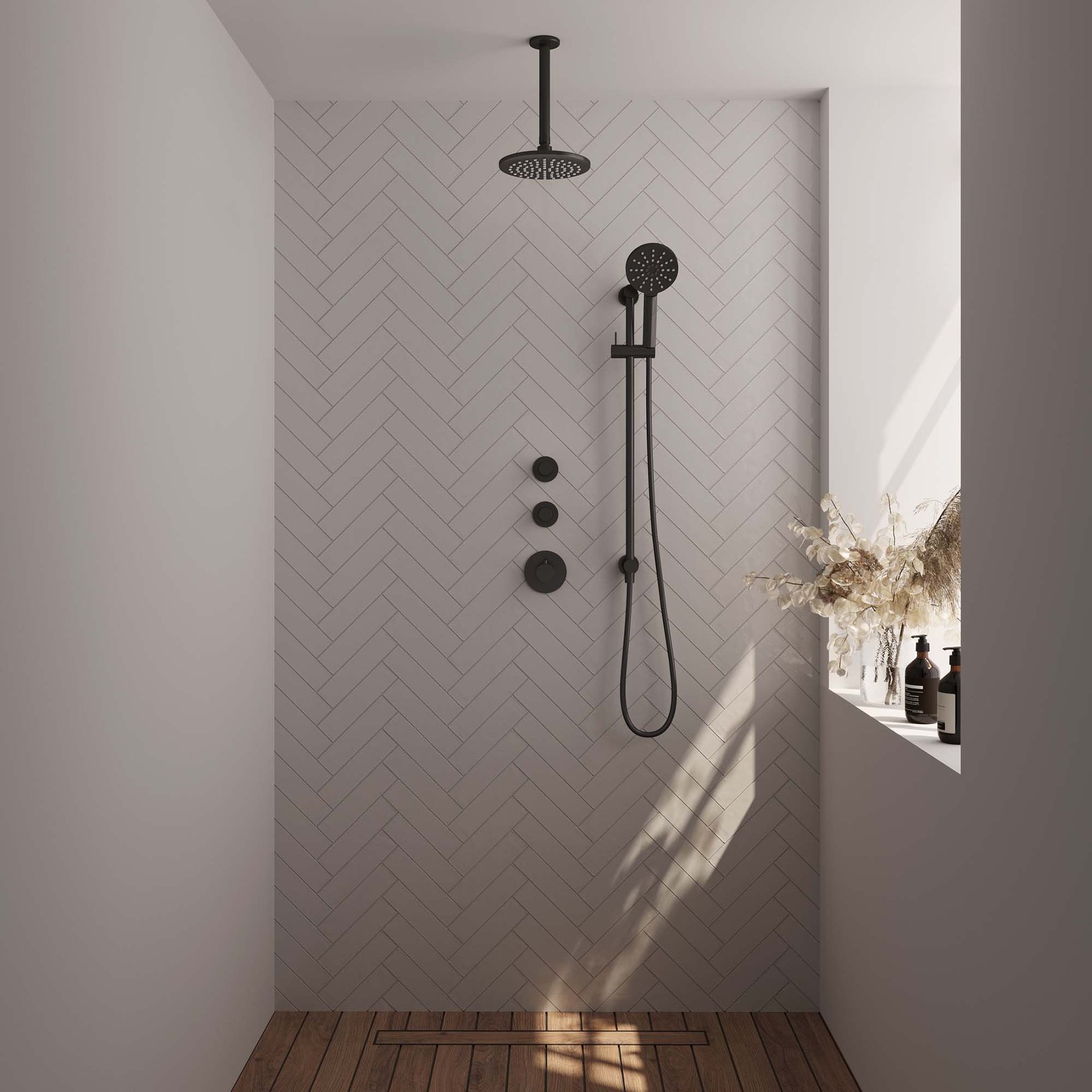 BRAUER Black Edition thermostatische inbouw regendouche SET 23 met 20 cm douchekop en plafondarm en 3-standen handdouche en doucheslang en geïntegreerde glijstang mat zwart
