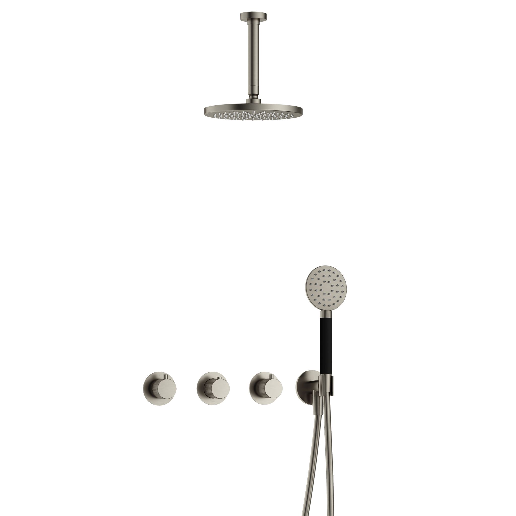 Hotbath Cobber X Inbouw Regendoucheset Met 2 Stopkranen, Plafondbuis 15cm, Hoofddouche 20cm En Ronde Handdouche Geborsteld Nikkel