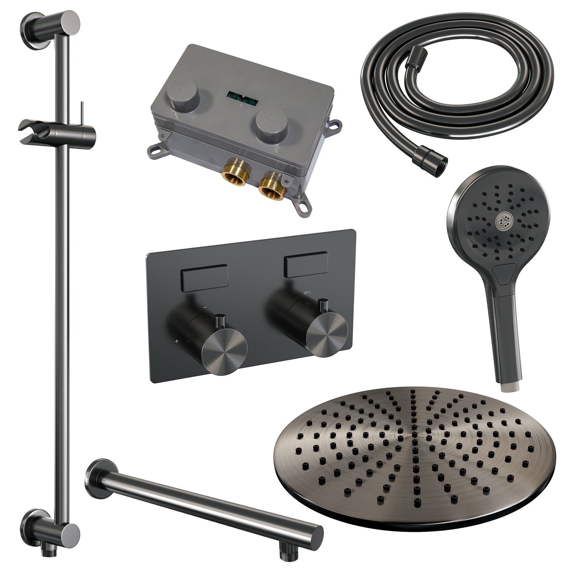 BRAUER Gunmetal Edition thermostatische inbouw regendouche met drukknoppen SET 68 met 30 cm douchekop en rechte muurarm en 3-standen handdouche en doucheslang en geïntegreerde glijstang gunmetal geborsteld PVD