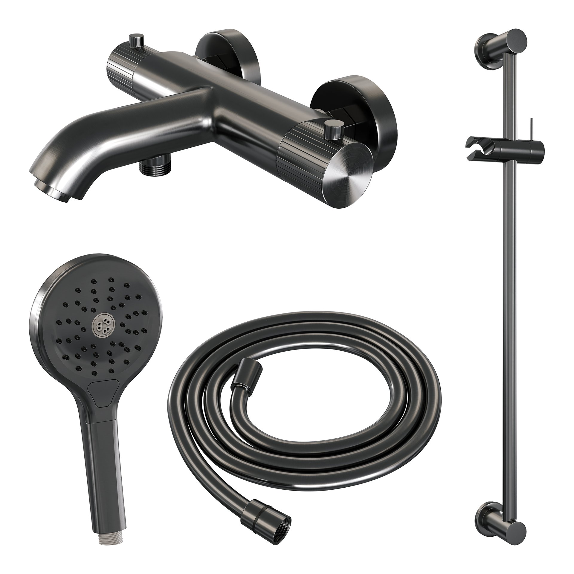 BRAUER Stripe opbouw baddouche thermostaatkraan SET 02 met glijstang en 3-standen handdouche en doucheslang gunmetal geborsteld PVD