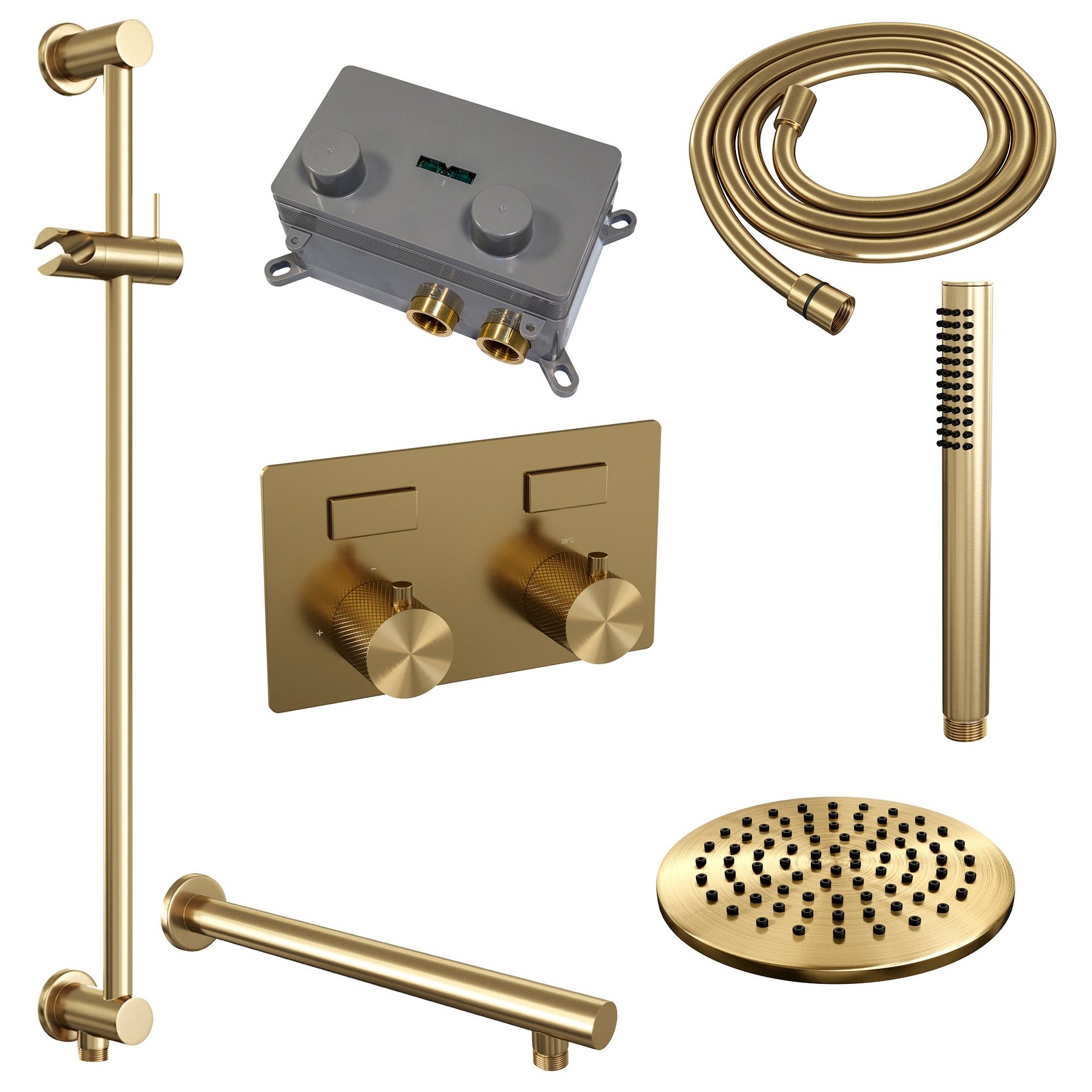 BRAUER Gold Carving thermostatische inbouw regendouche met drukknoppen SET 61 met 20 cm douchekop en rechte muurarm en staaf handdouche en doucheslang en geïntegreerde glijstang goud geborsteld PVD