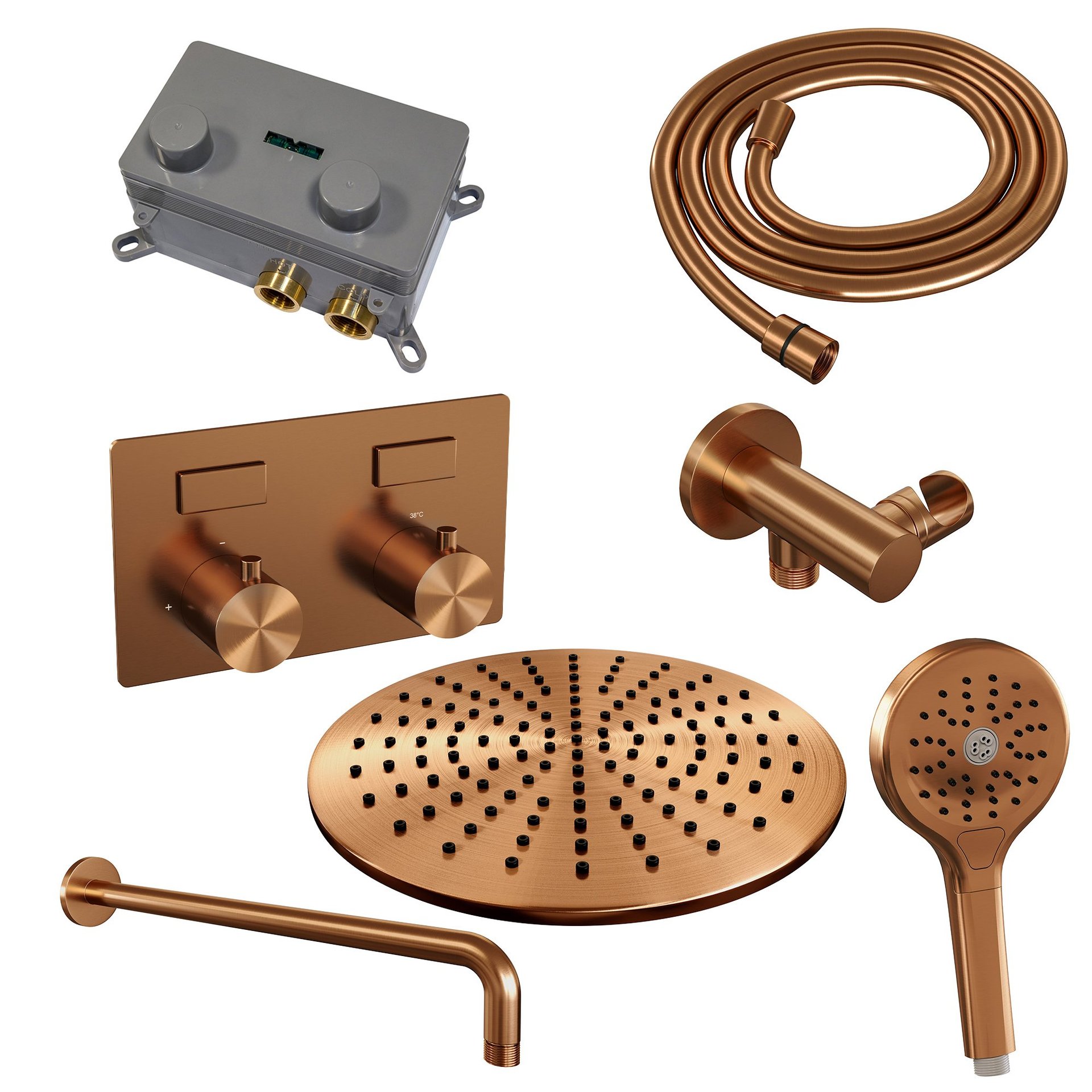 BRAUER Copper Edition thermostatische inbouw regendouche met drukknoppen SET 58 met 30 cm douchekop en gebogen muurarm en 3-standen handdouche en doucheslang en wandaansluitbocht koper geborsteld PVD