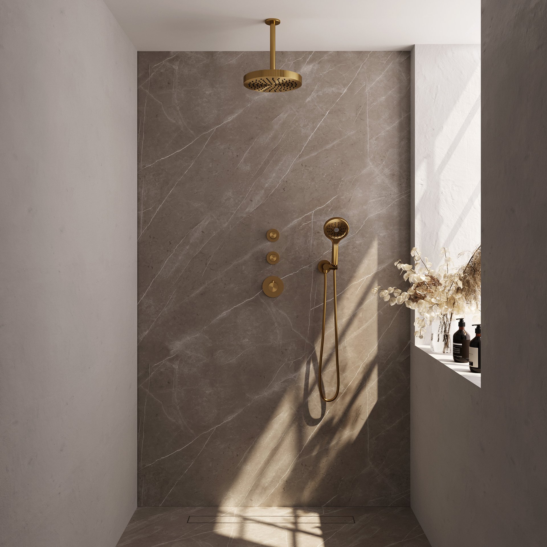 BRAUER Stripe thermostatische inbouw regendouche SET 06 met 25 cm douchekop en plafondarm en 3-standen handdouche en doucheslang en wandaansluitbocht goud geborsteld PVD