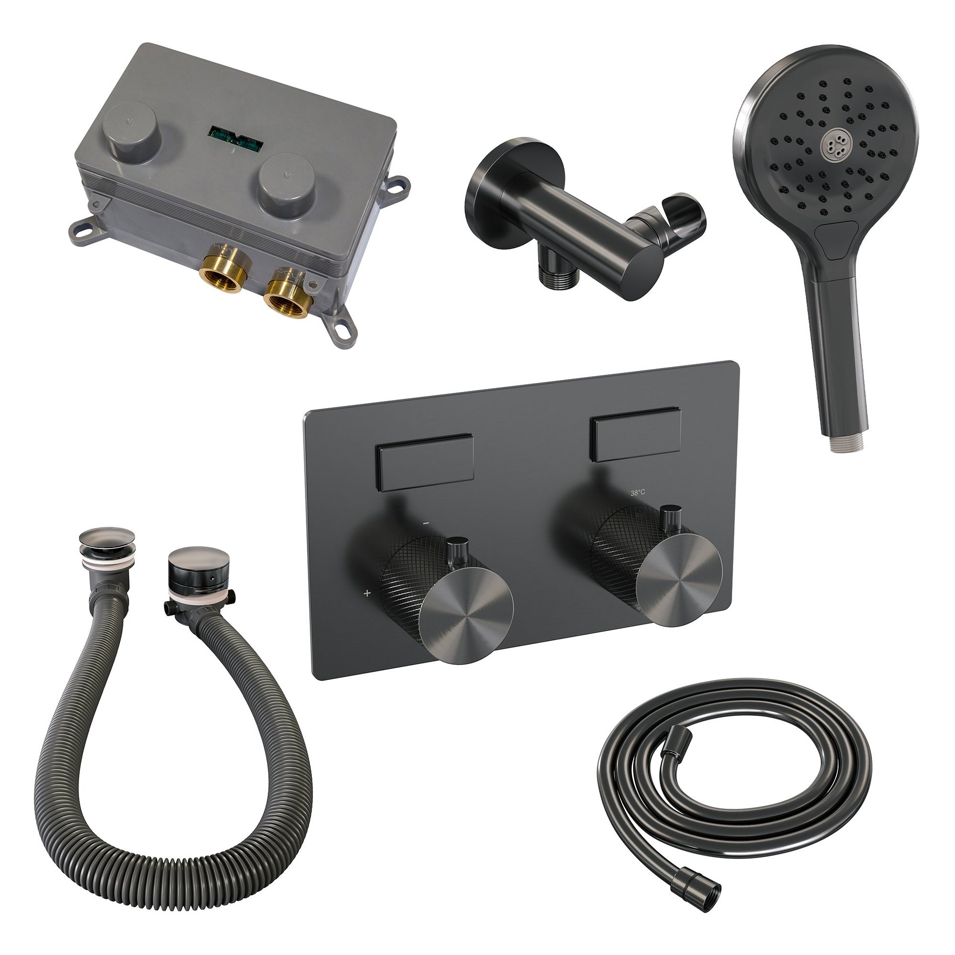 BRAUER Gunmetal Carving thermostatische inbouw badkraan met drukknoppen SET 04 met badvulcombinatie en 3-standen handdouche en doucheslang en wandaansluitbocht gunmetal geborsteld PVD