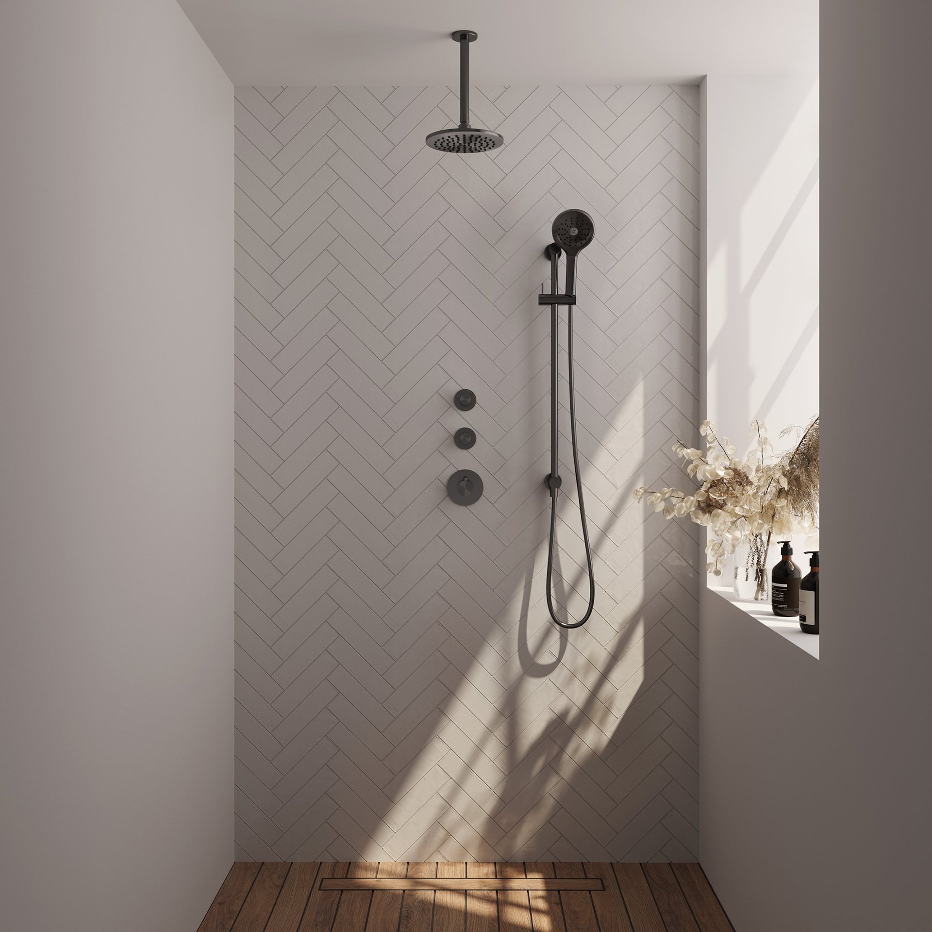 BRAUER Gunmetal Carving thermostatische inbouw regendouche SET 23 met 20 cm douchekop en plafondarm en 3-standen handdouche en doucheslang en geïntegreerde glijstang gunmetal geborsteld PVD