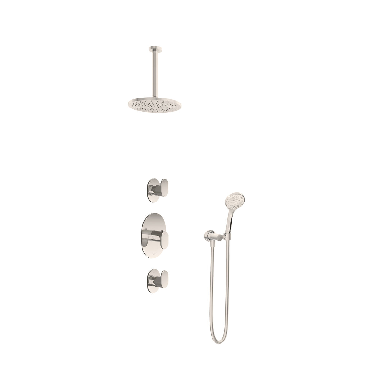 Hotbath Friendo Inbouw Regendoucheset Rond Met 2 Stopkranen, Plafondbuis 30cm, Hoofddouche 20cm En 3-Standen Handdouche Geborsteld Nikkel