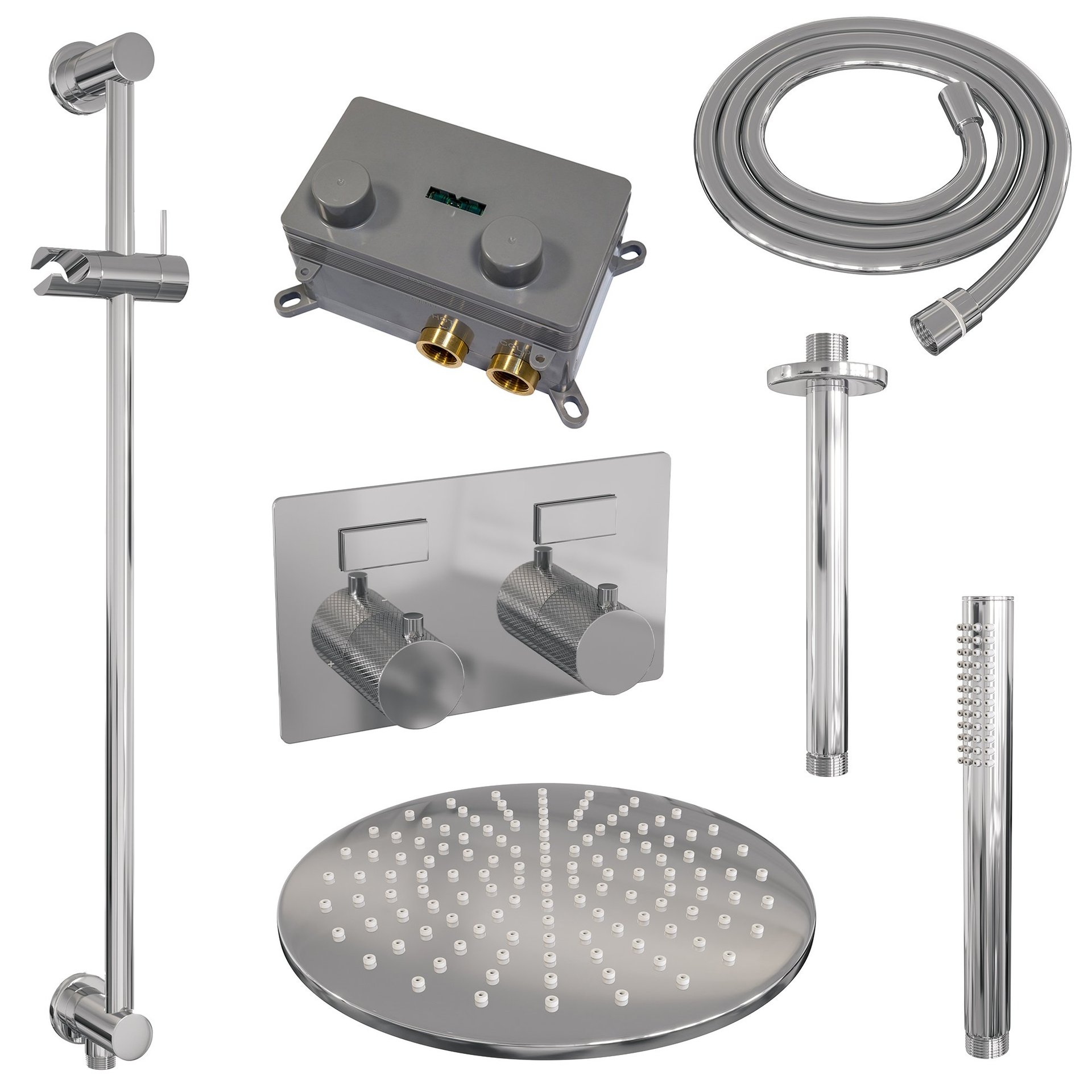 BRAUER Chrome Carving thermostatische inbouw regendouche met drukknoppen SET 66 met 30 cm douchekop en plafondarm en staaf handdouche en doucheslang en geïntegreerde glijstang chroom