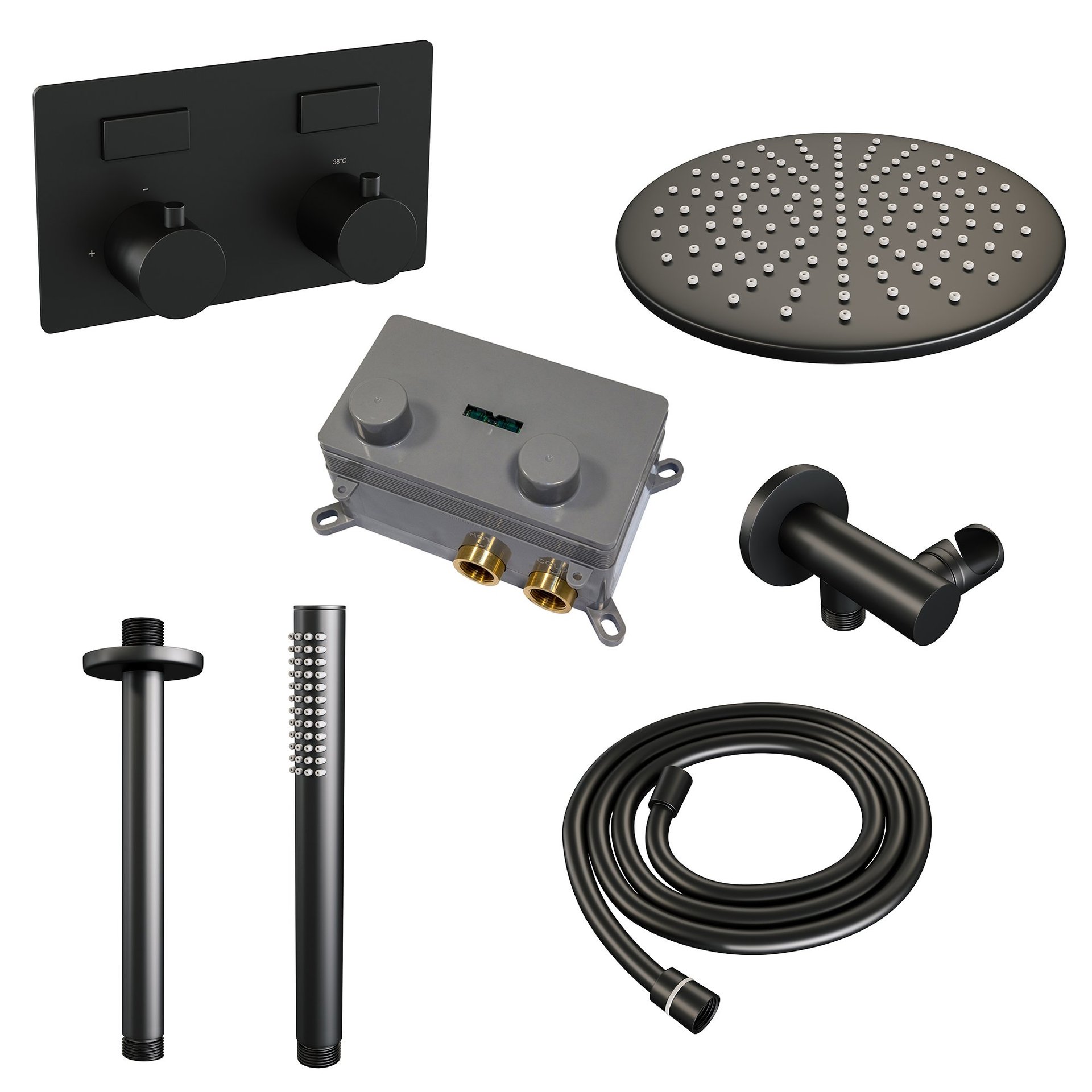 BRAUER Black Edition thermostatische inbouw regendouche met drukknoppen SET 54 met 30 cm douchekop en plafondarm en staaf handdouche en doucheslang en wandaansluitbocht mat zwart