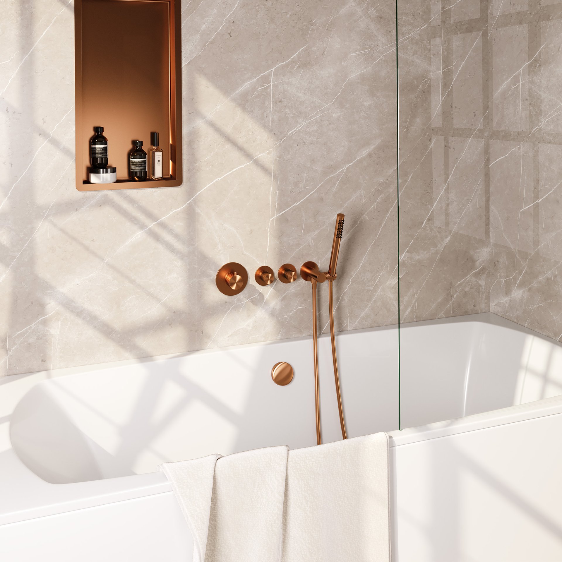 BRAUER Stripe thermostatische inbouw badkraan SET 01 met badvulcombinatie en staaf handdouche en doucheslang en wandaansluitbocht koper geborsteld PVD