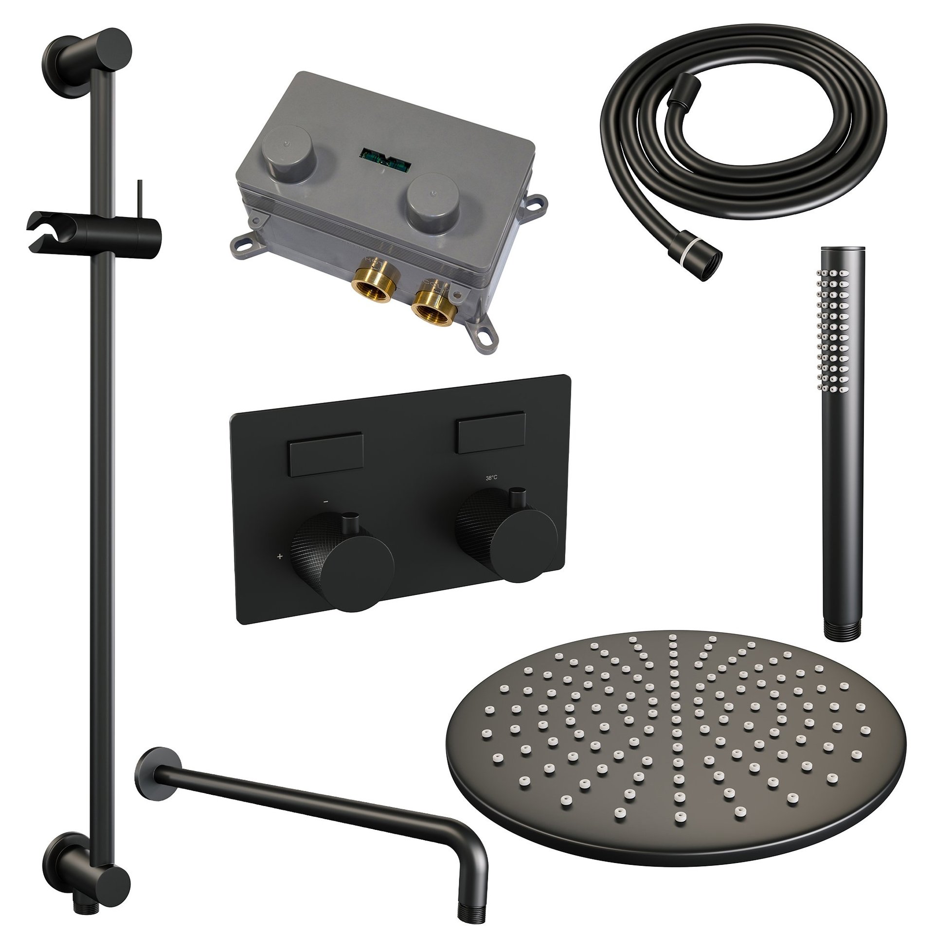 BRAUER Black Carving thermostatische inbouw regendouche met drukknoppen SET 64 met 30 cm douchekop en gebogen muurarm en staaf handdouche en doucheslang en geïntegreerde glijstang mat zwart