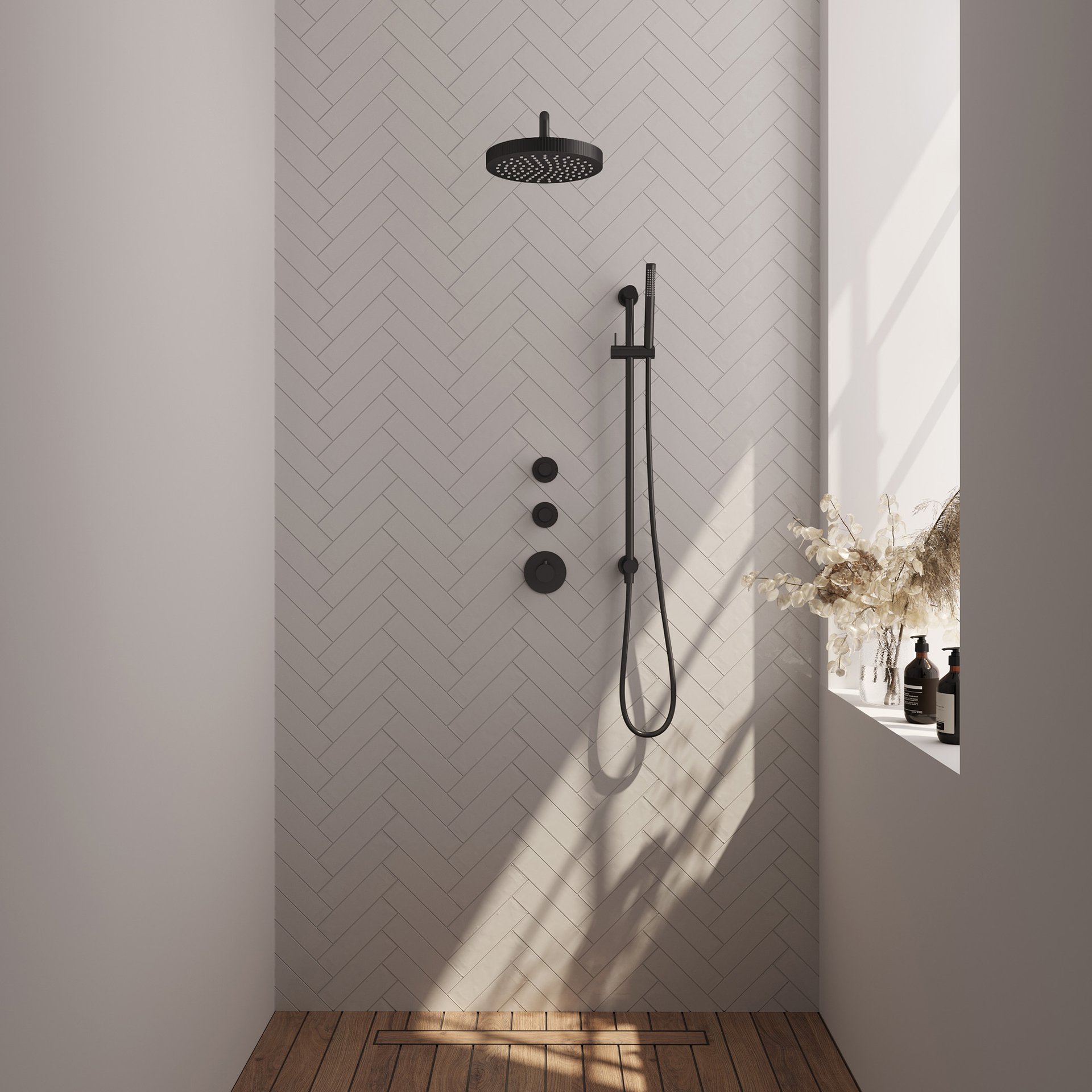 BRAUER Stripe thermostatische inbouw regendouche SET 08 met 25 cm douchekop en gebogen muurarm en staaf handdouche en doucheslang en geïntegreerde glijstang mat zwart