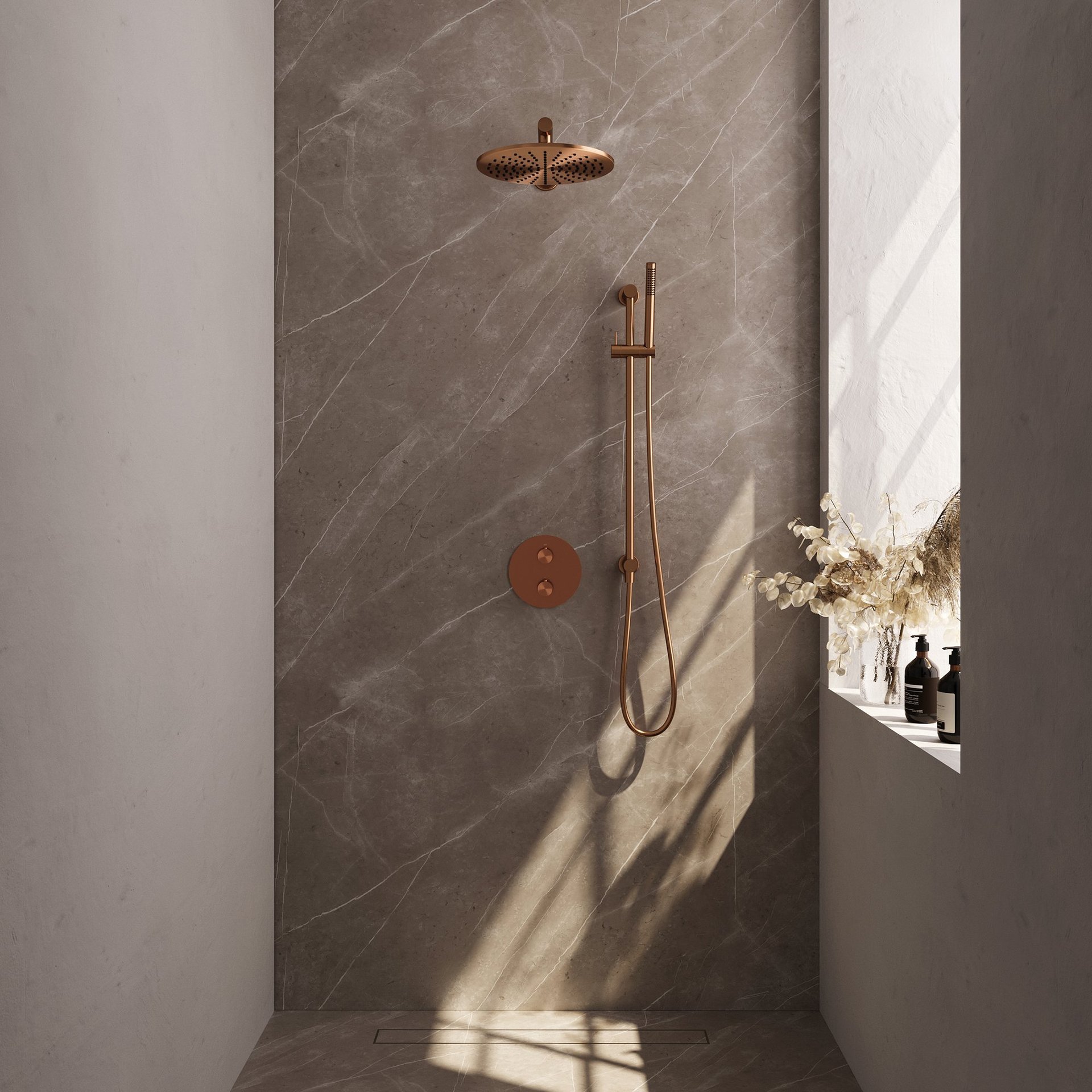 BRAUER Copper Edition thermostatische inbouw regendouche 3-weg rond SET 86 met 30 cm douchekop en rechte muurarm en staaf handdouche en doucheslang en geïntegreerde glijstang koper geborsteld PVD