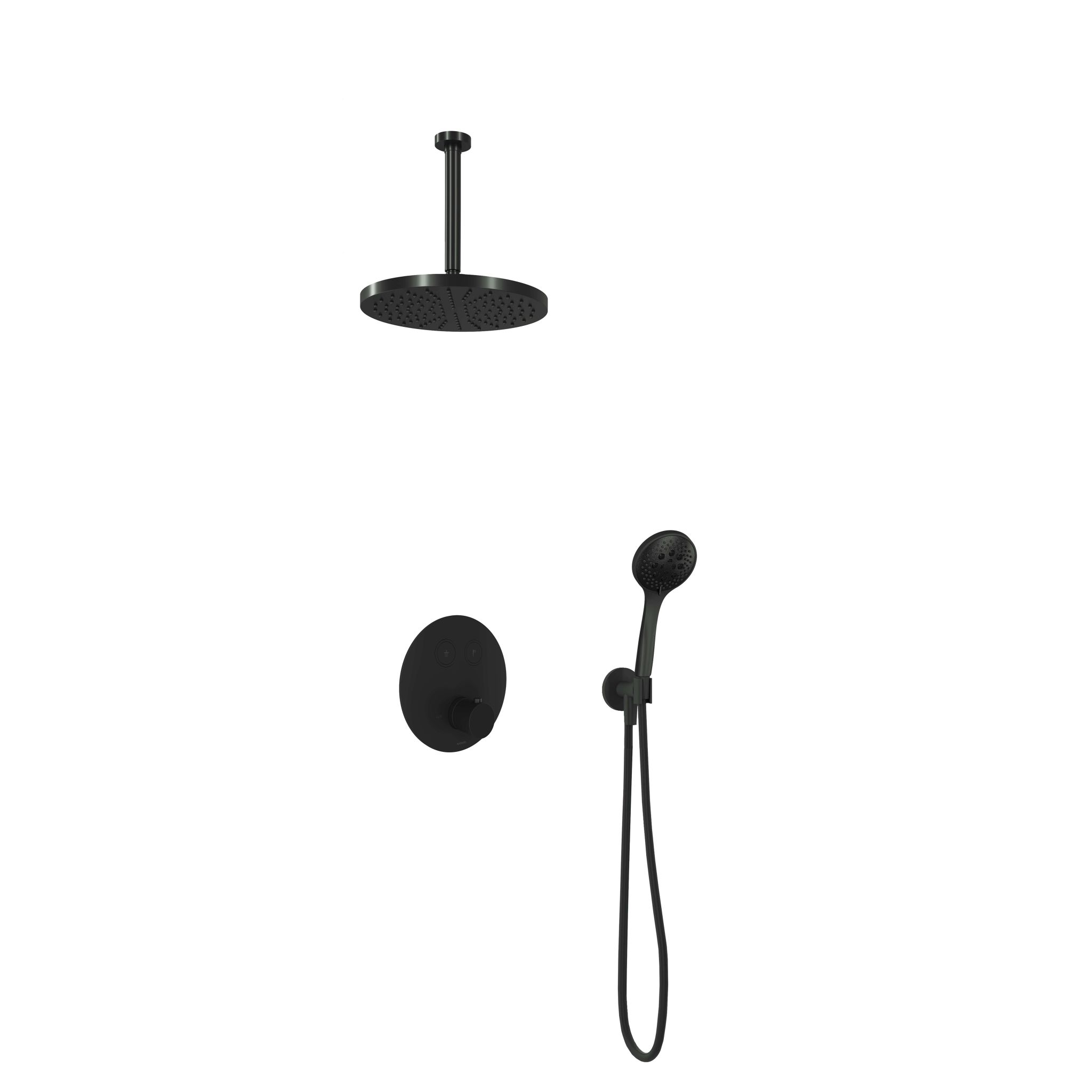 Hotbath Cobber Inbouw Regendoucheset Thermostaatkraan Met 2 Pushbuttons Rond, Plafondbuis 30cm, Hoofddouche 30cm En 3-Standen Handdouche Mat Zwart