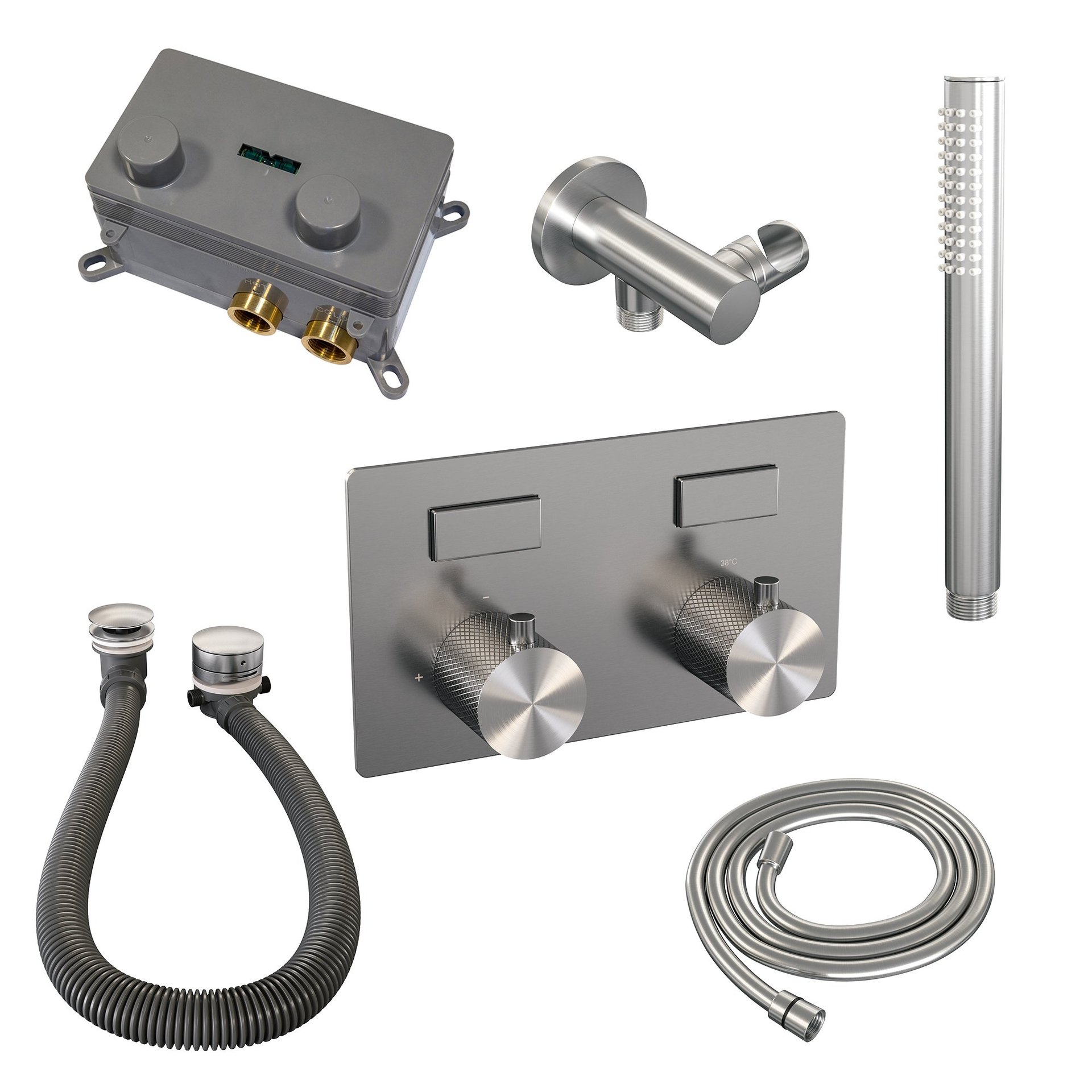 BRAUER Brushed Carving thermostatische inbouw badkraan met drukknoppen SET 03 met badvulcombinatie en staaf handdouche en doucheslang en wandaansluitbocht RVS geborsteld PVD