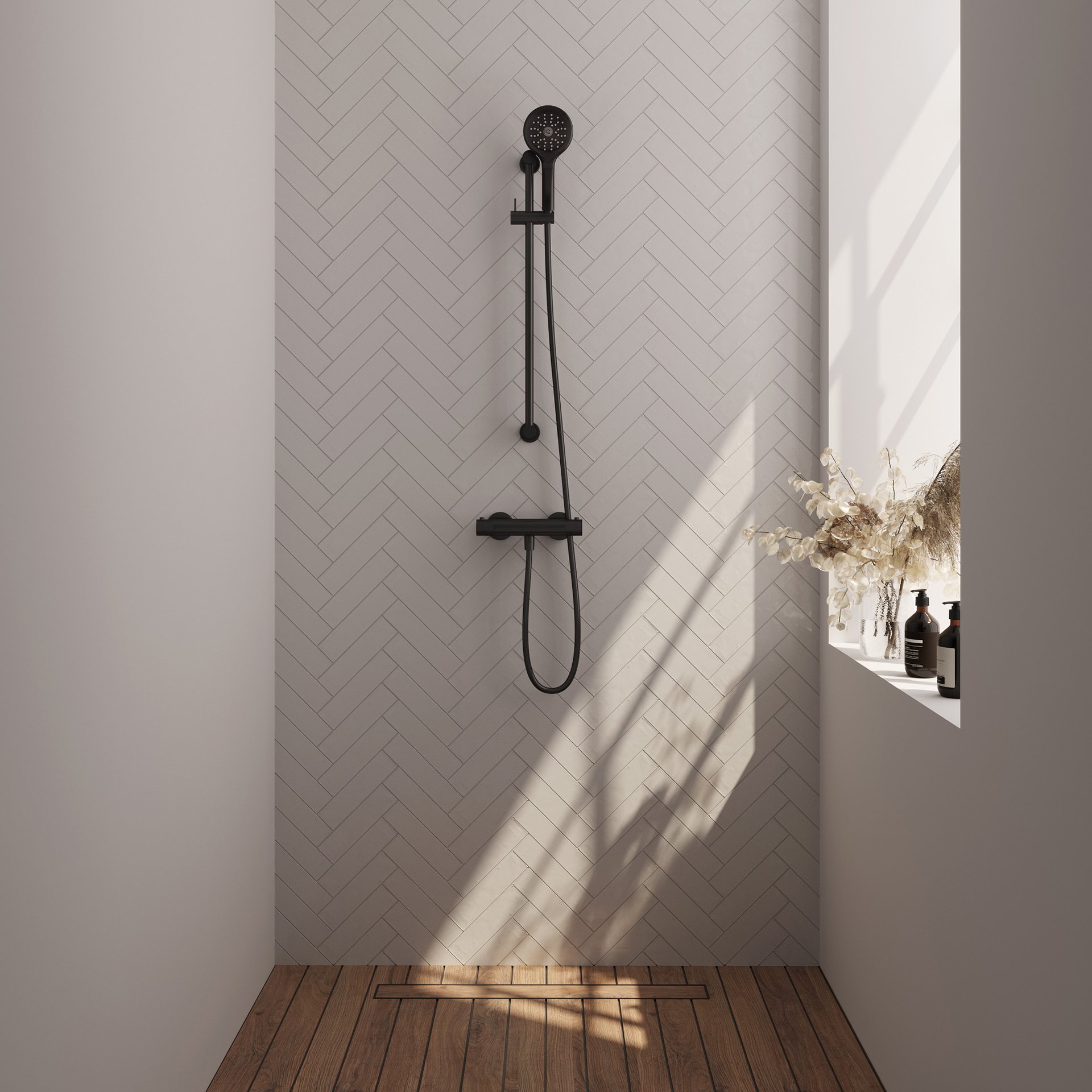BRAUER Stripe opbouw douche thermostaatkraan SET 02 met glijstang en 3-standen handdouche en doucheslang mat zwart