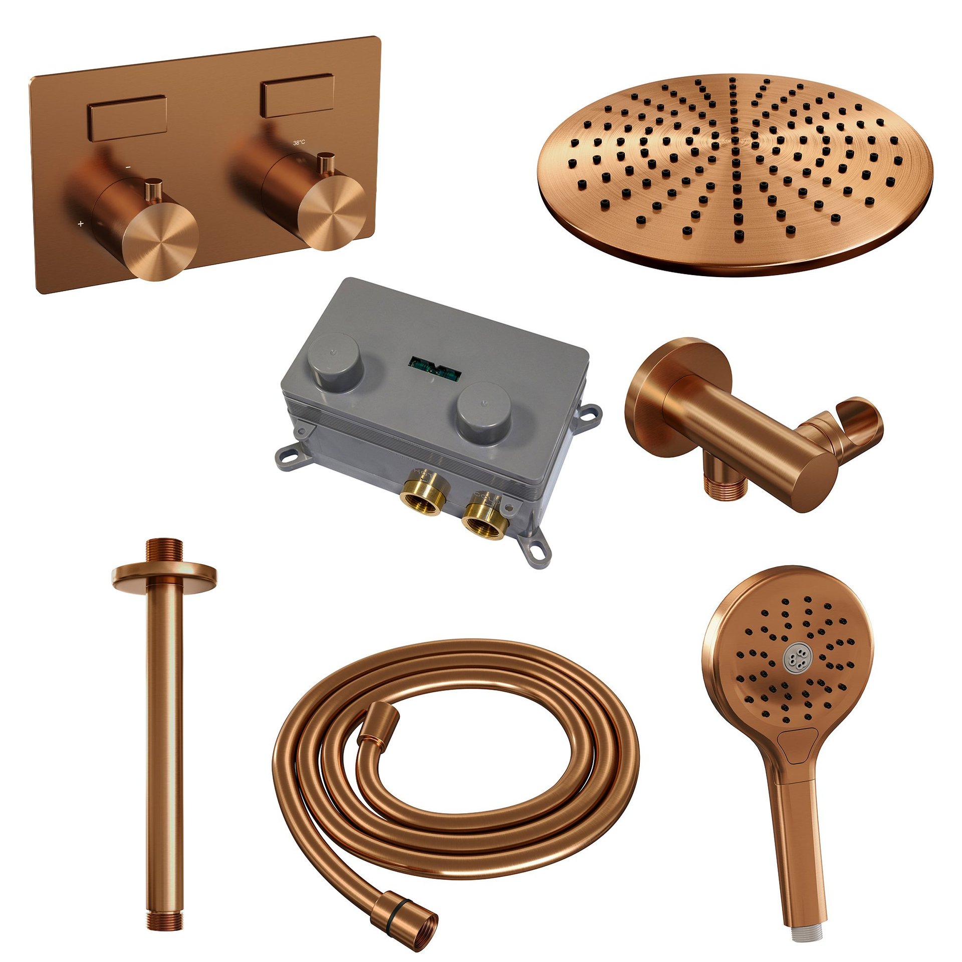 BRAUER Copper Edition thermostatische inbouw regendouche met drukknoppen SET 60 met 30 cm douchekop en plafondarm en 3-standen handdouche en doucheslang en wandaansluitbocht koper geborsteld PVD