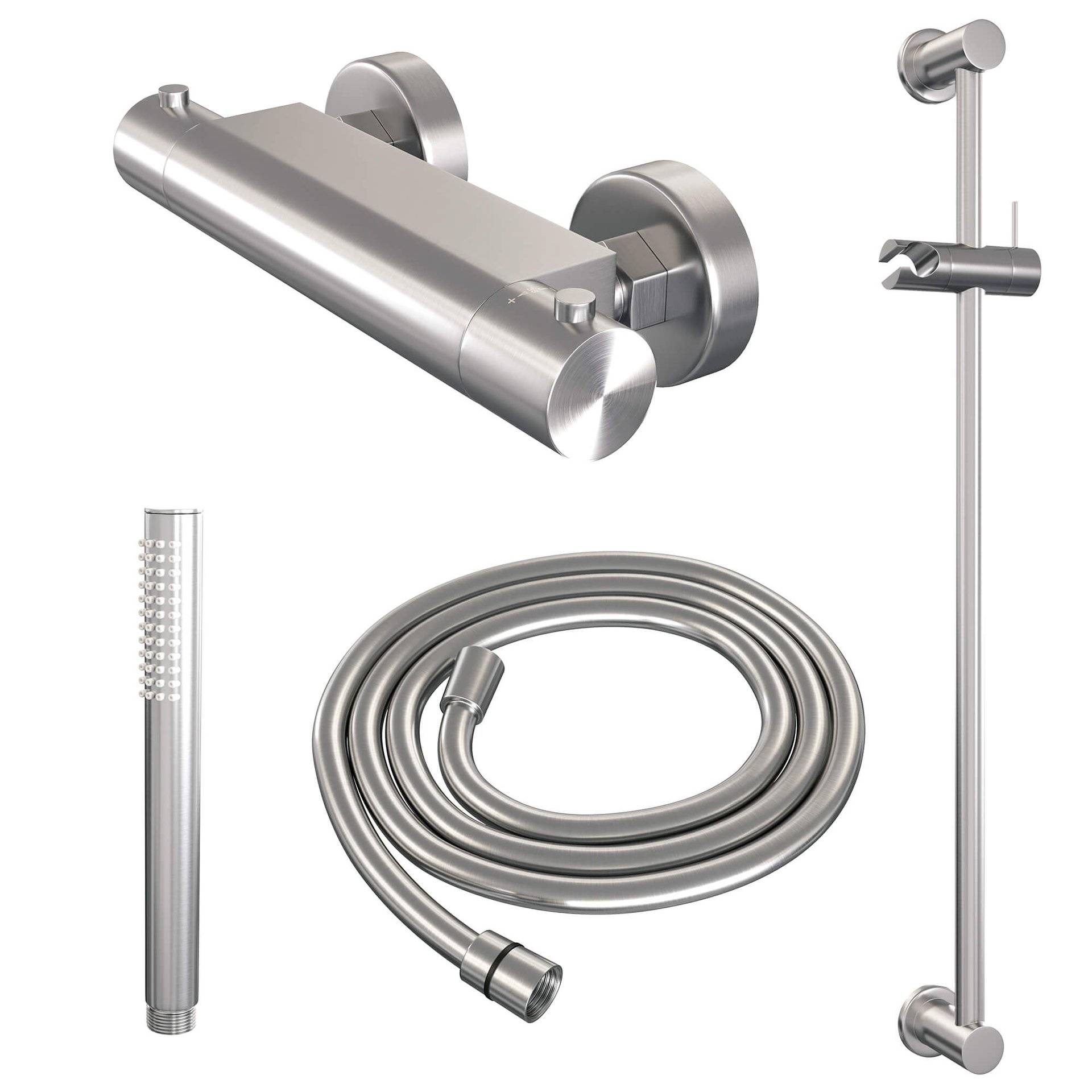 BRAUER Brushed Edition opbouw douche thermostaatkraan SET 01 met glijstang en staaf handdouche en doucheslang RVS geborsteld PVD